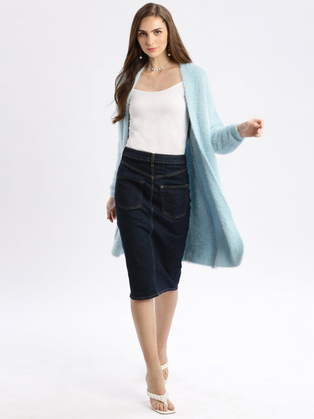 Women Blue Solid Open Front Longline Shrug