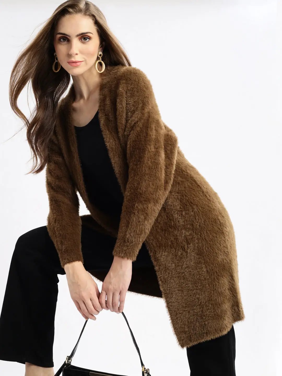 Women's Brown Solid Open Front Longline Shrug