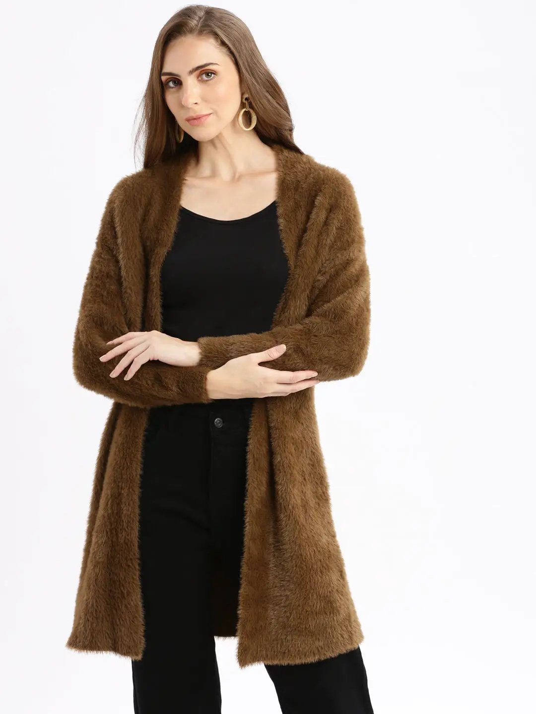 Women's Brown Solid Open Front Longline Shrug