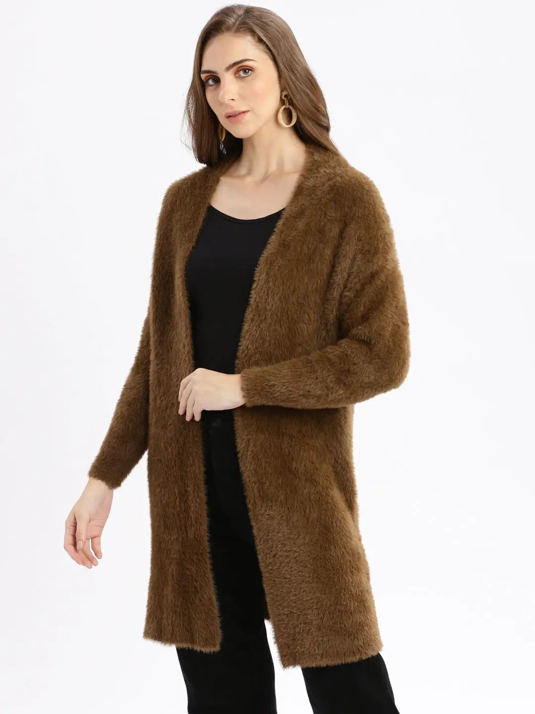 Women's Brown Solid Open Front Longline Shrug