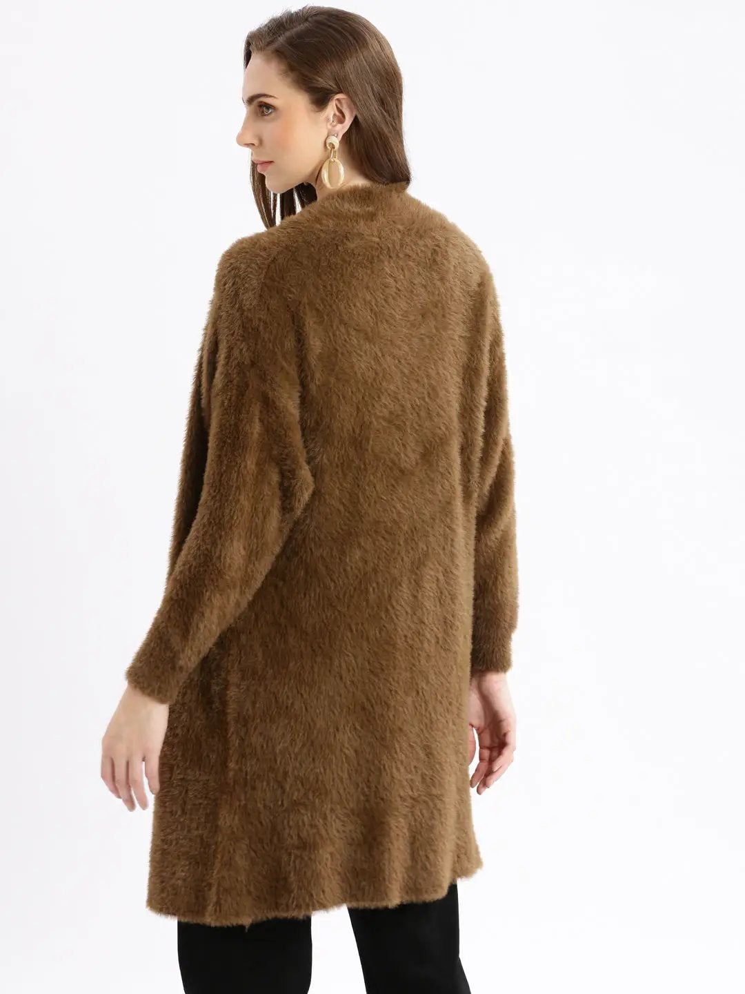 Women's Brown Solid Open Front Longline Shrug