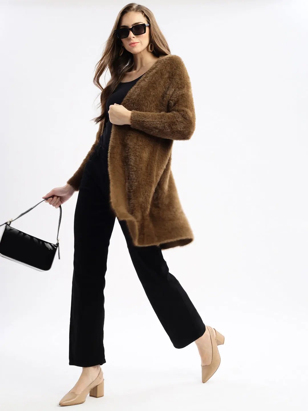 Women's Brown Solid Open Front Longline Shrug