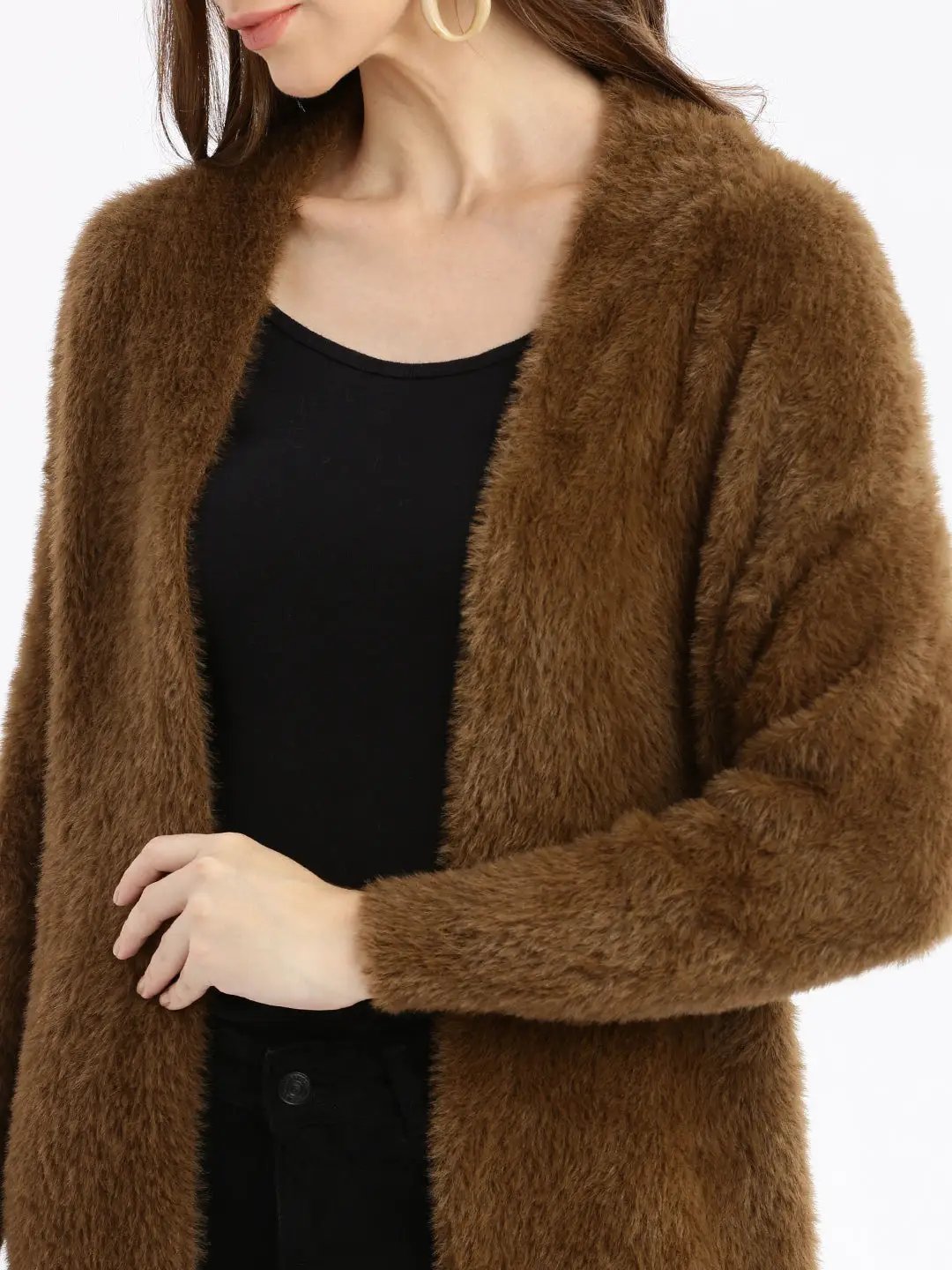 Women's Brown Solid Open Front Longline Shrug
