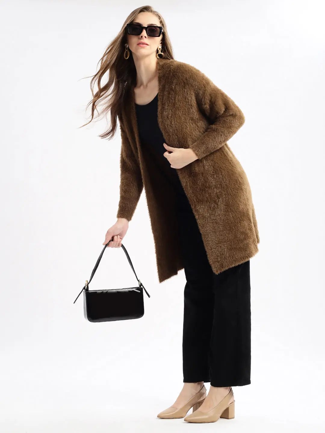 Women's Brown Solid Open Front Longline Shrug
