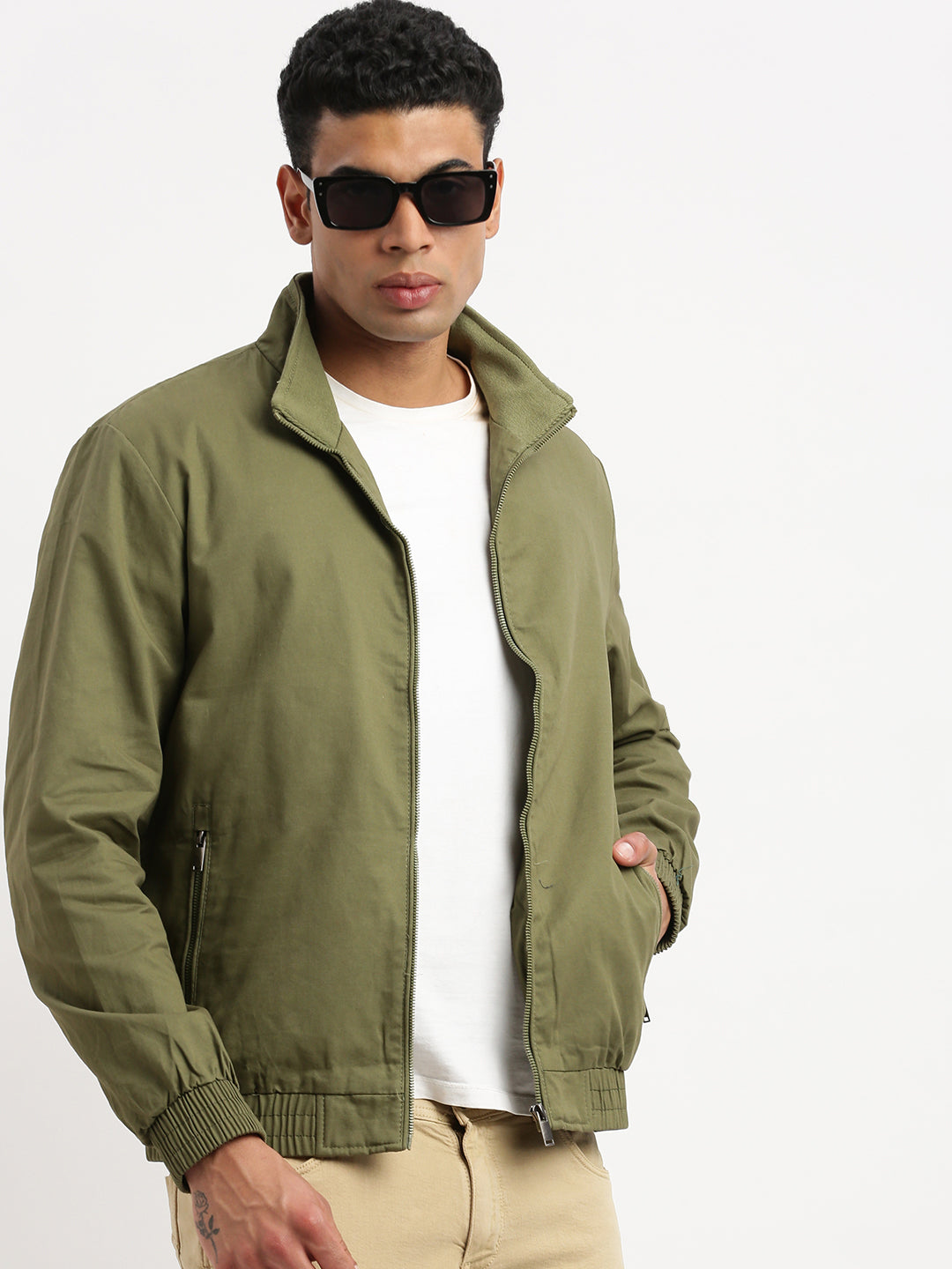 Men Mock Collar Olive Solid Bomber Jacket