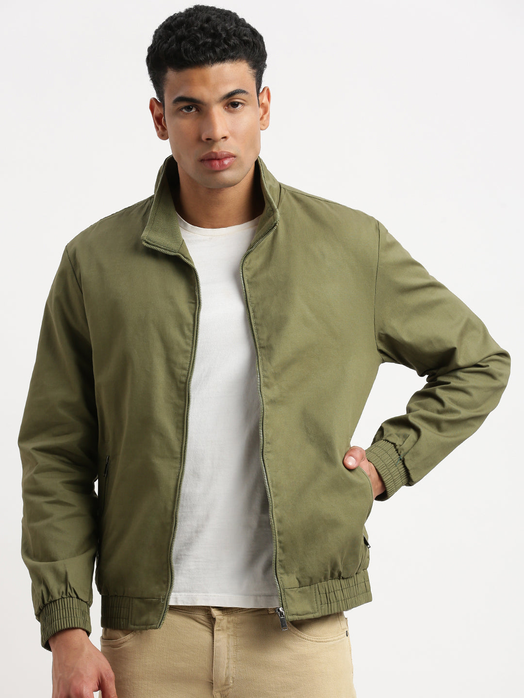 Men Mock Collar Olive Solid Bomber Jacket