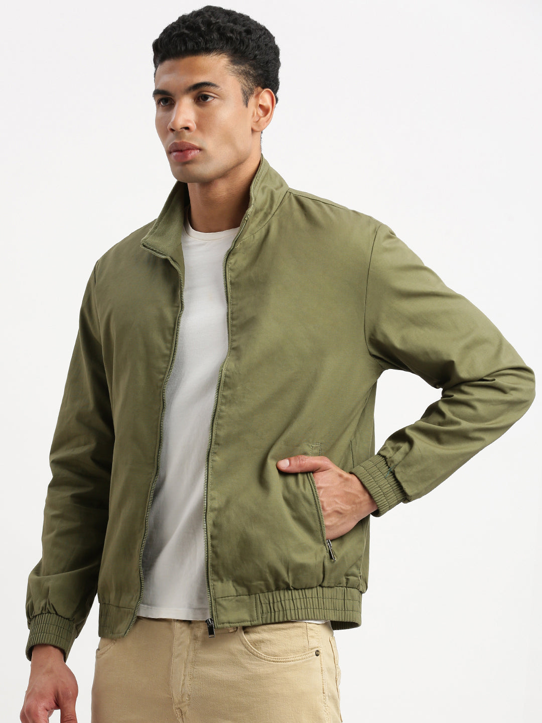 Men Mock Collar Olive Solid Bomber Jacket