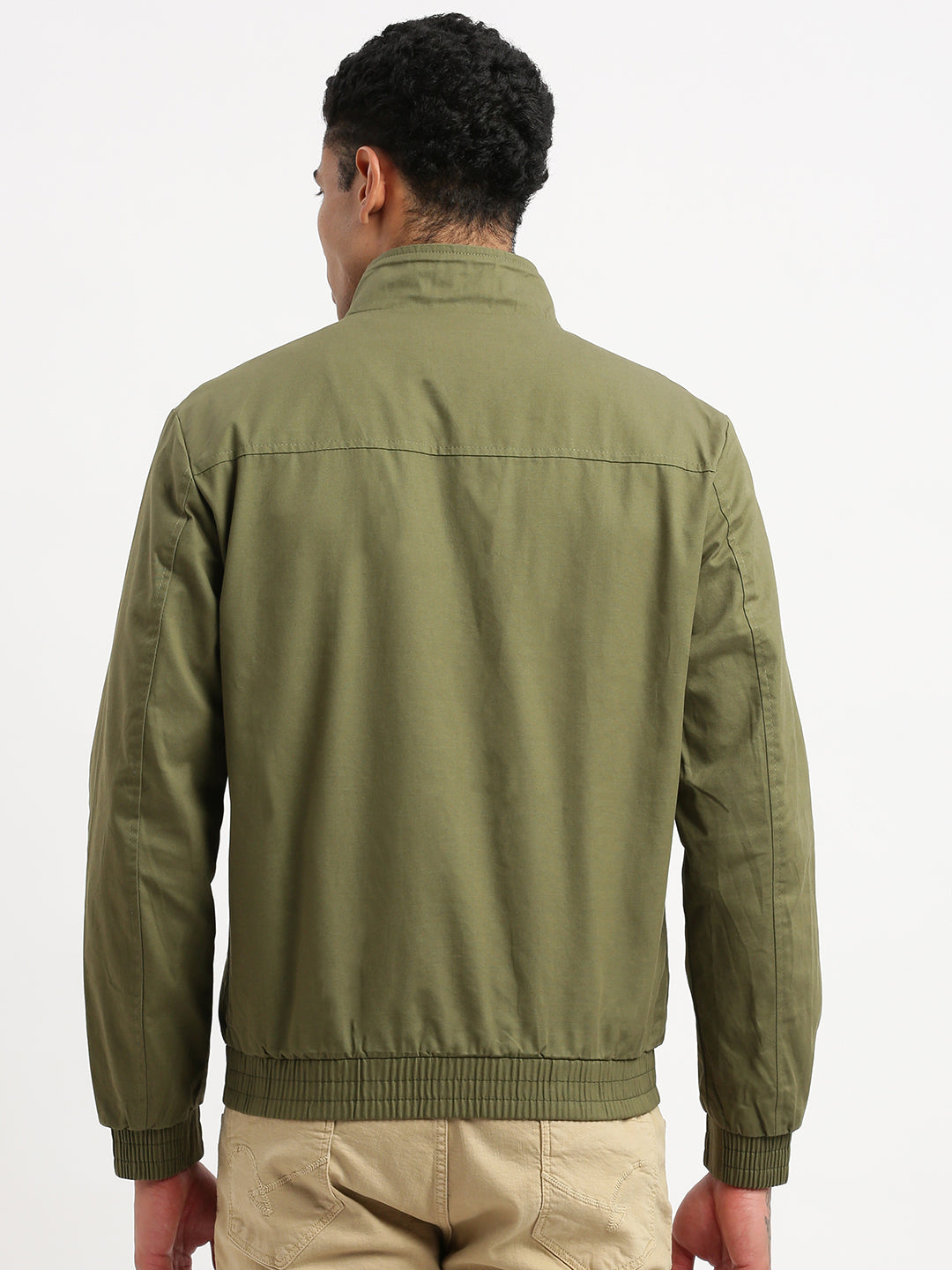 Men Mock Collar Olive Solid Bomber Jacket