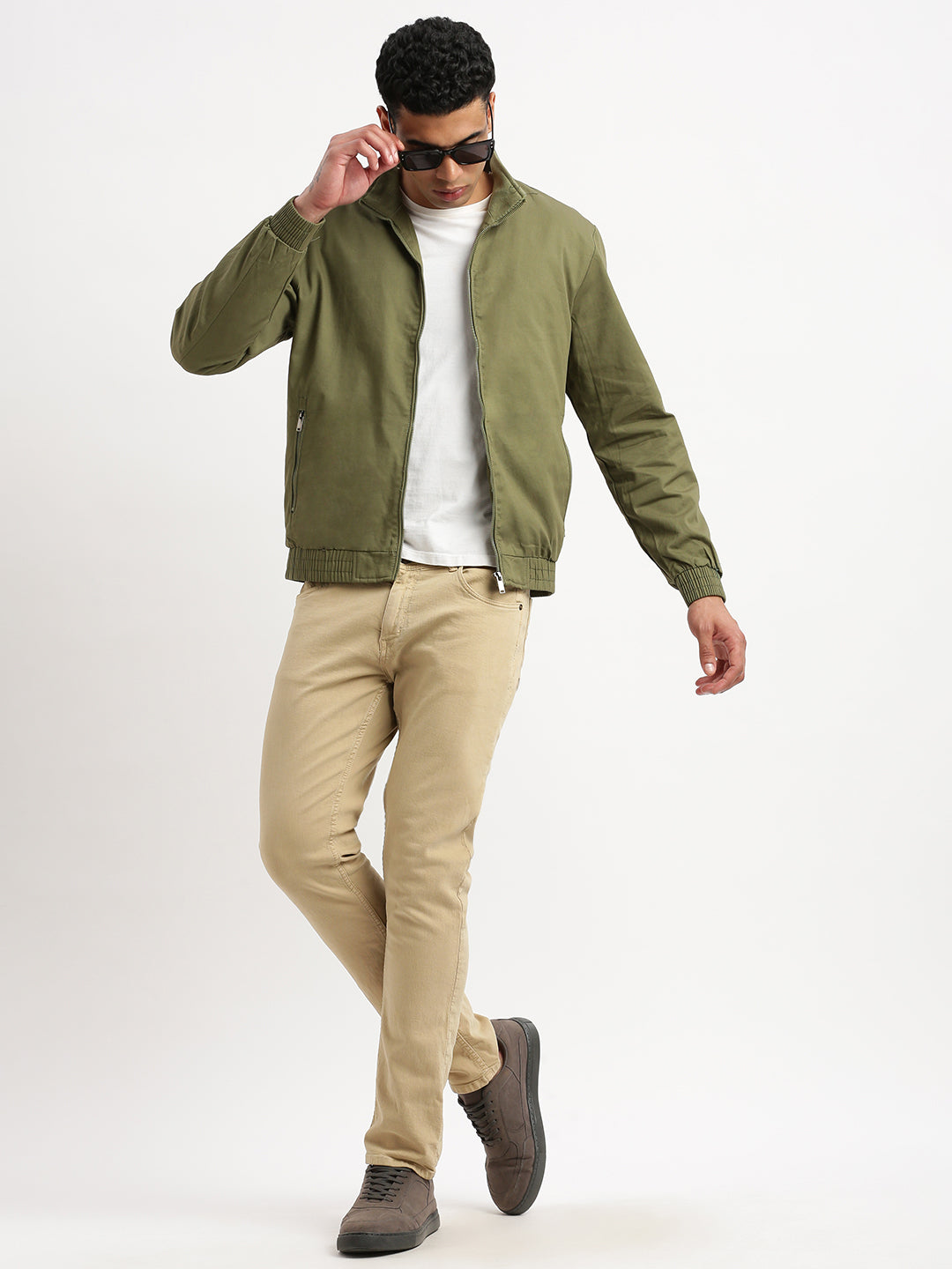 Men Mock Collar Olive Solid Bomber Jacket