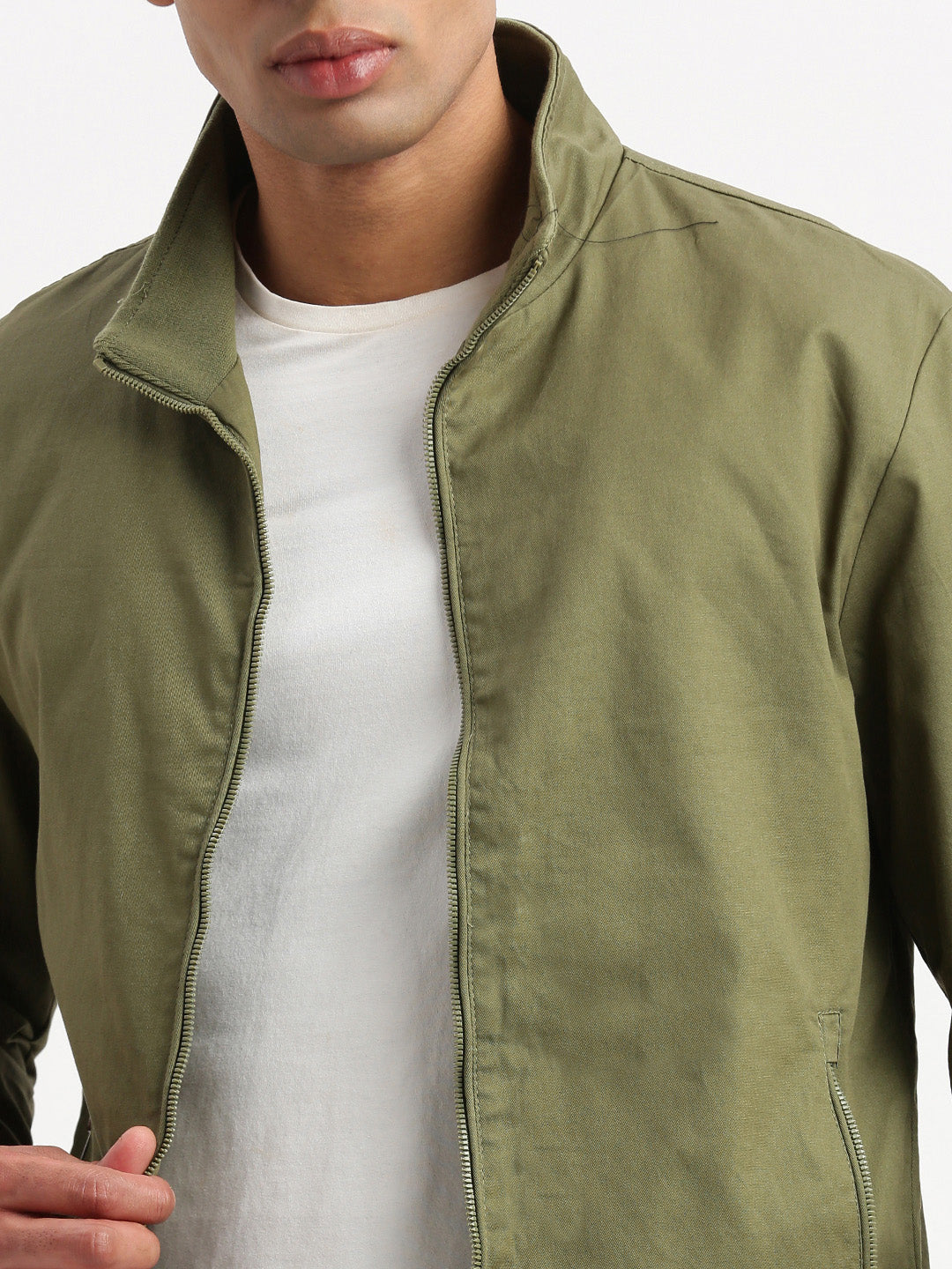 Men Mock Collar Olive Solid Bomber Jacket