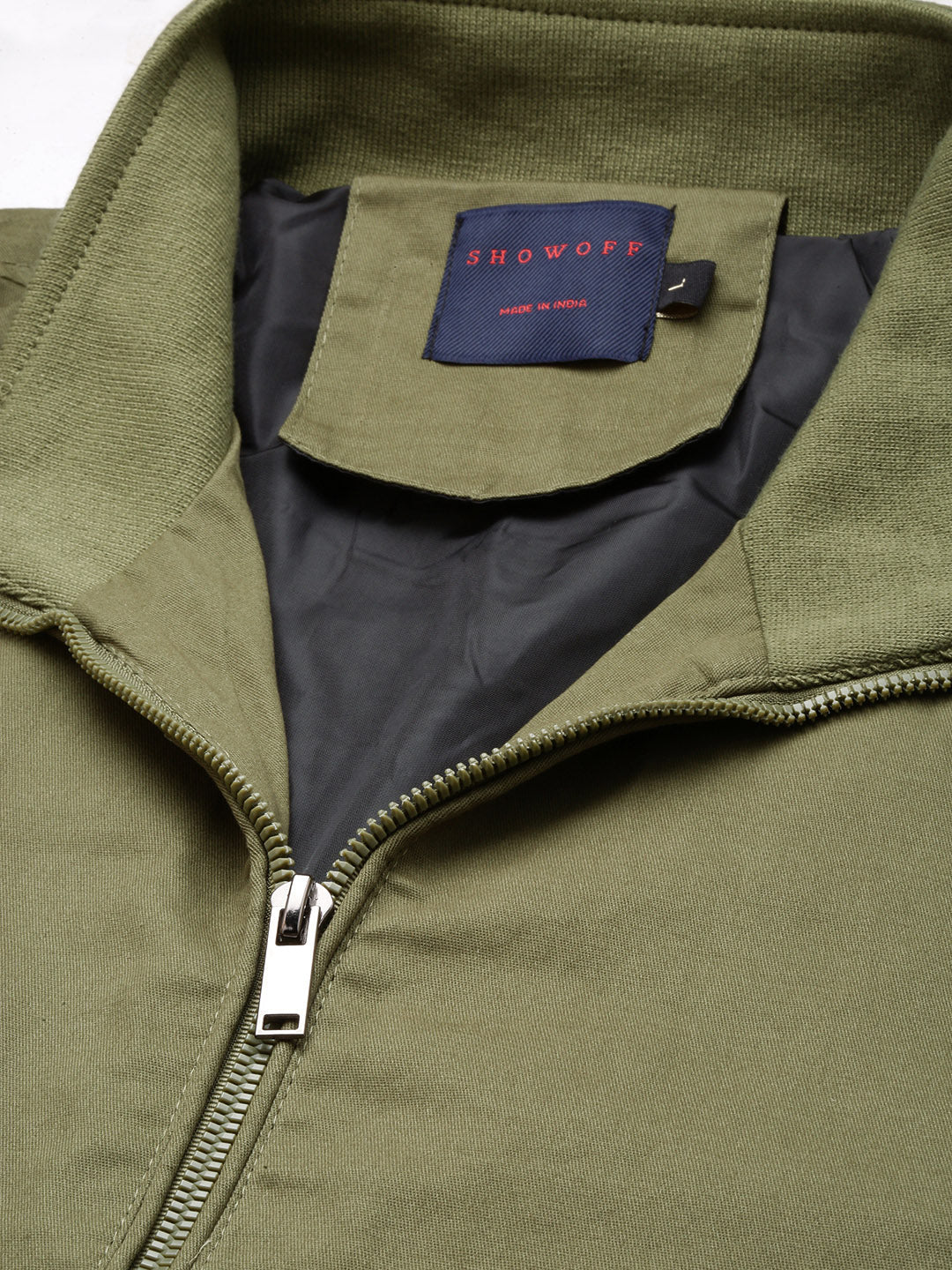 Men Mock Collar Olive Solid Bomber Jacket