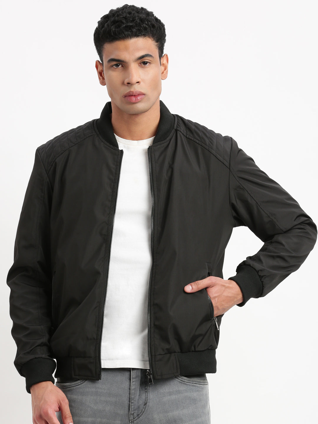 Men Mandarin Collar Black Solid Reversible Bomber Jacket