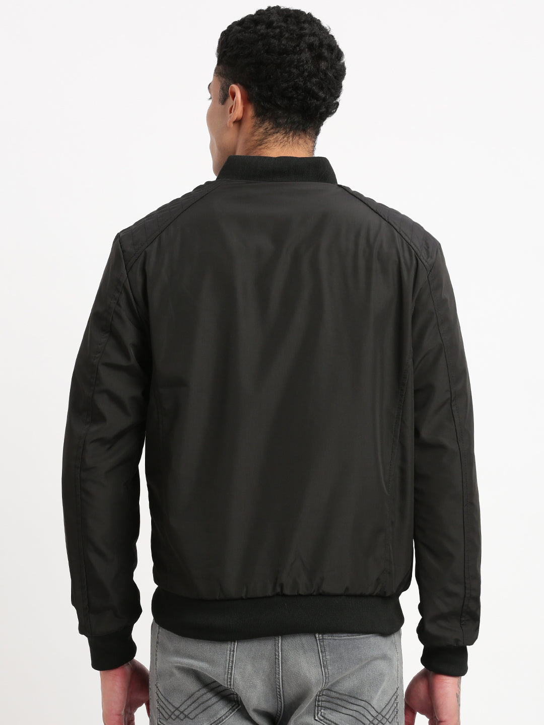 Men Mandarin Collar Black Solid Reversible Bomber Jacket