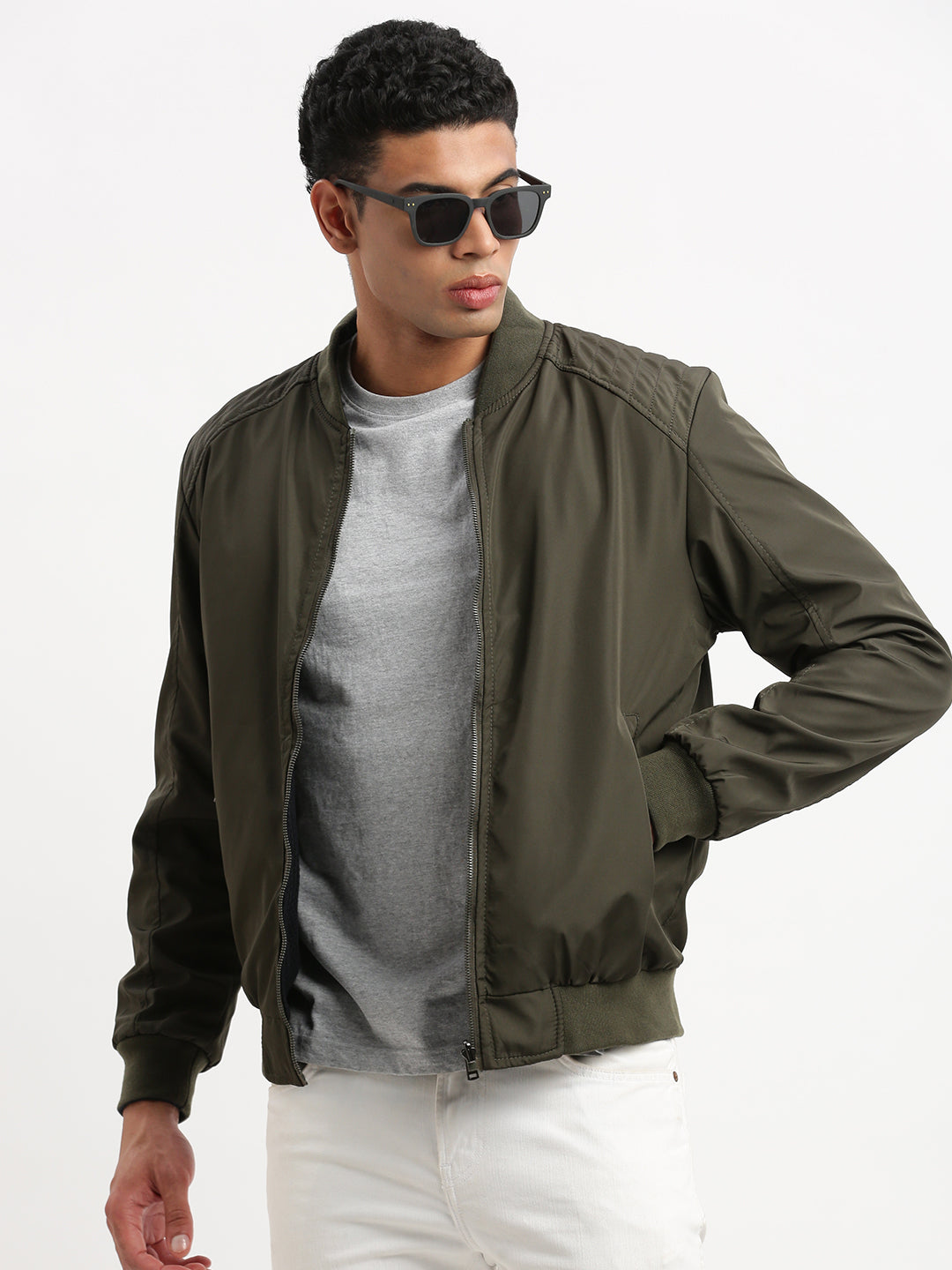 Men Mandarin Collar Olive Solid Reversible Bomber Jacket