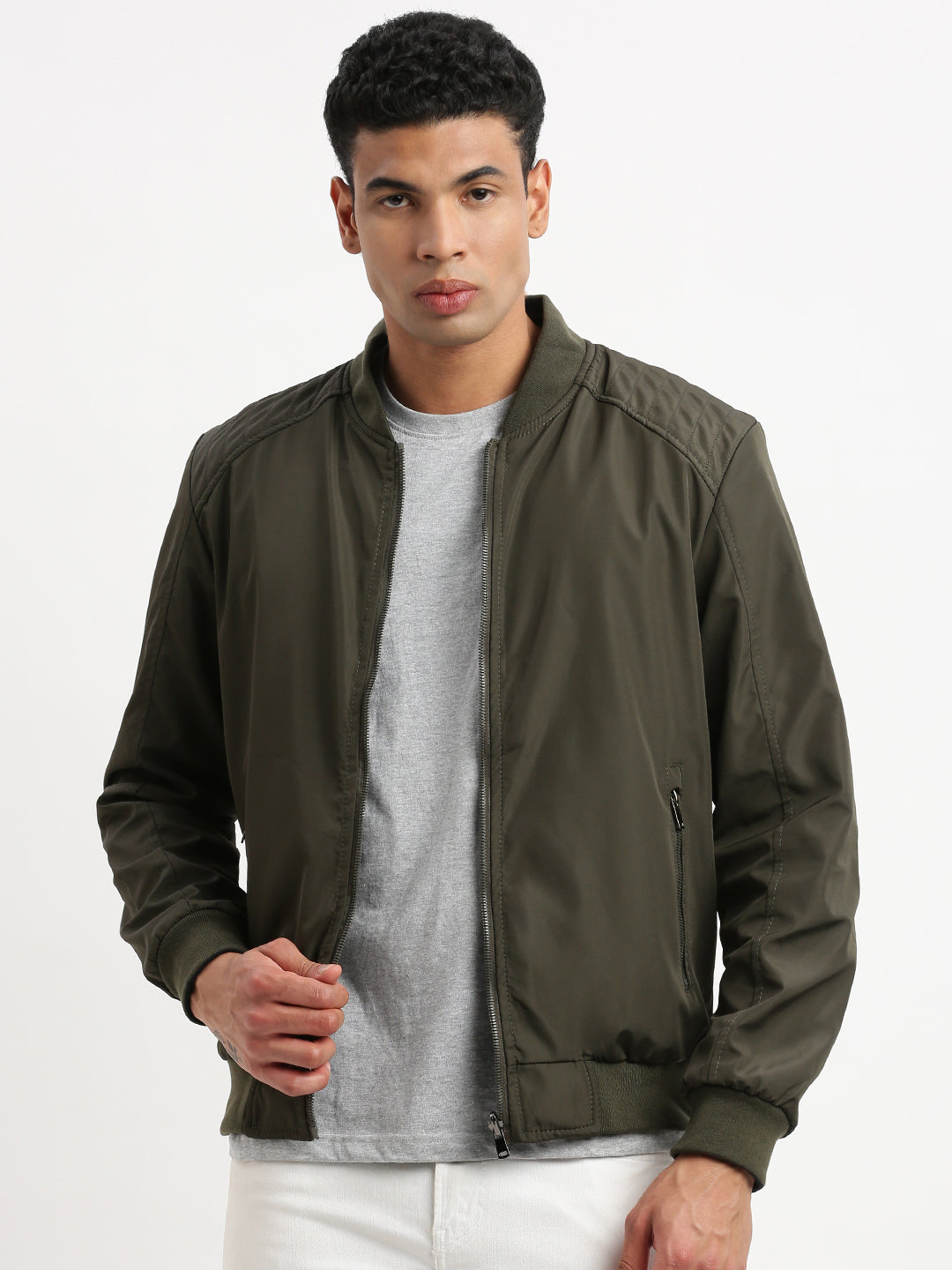 Men Mandarin Collar Olive Solid Reversible Bomber Jacket