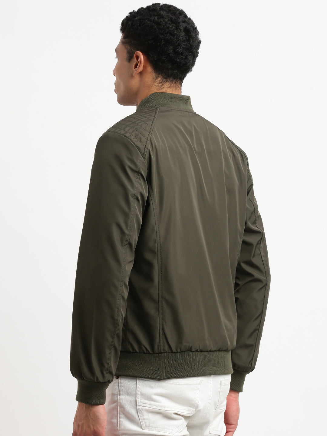 Men Mandarin Collar Olive Solid Reversible Bomber Jacket