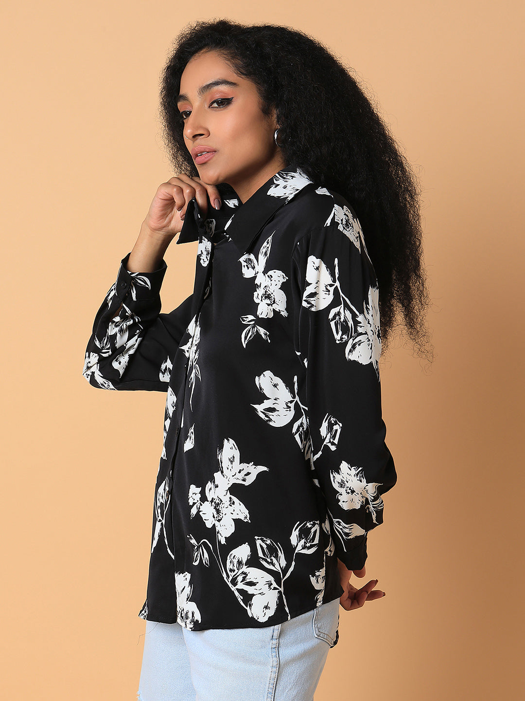 Women Floral Black Oversized Shirt