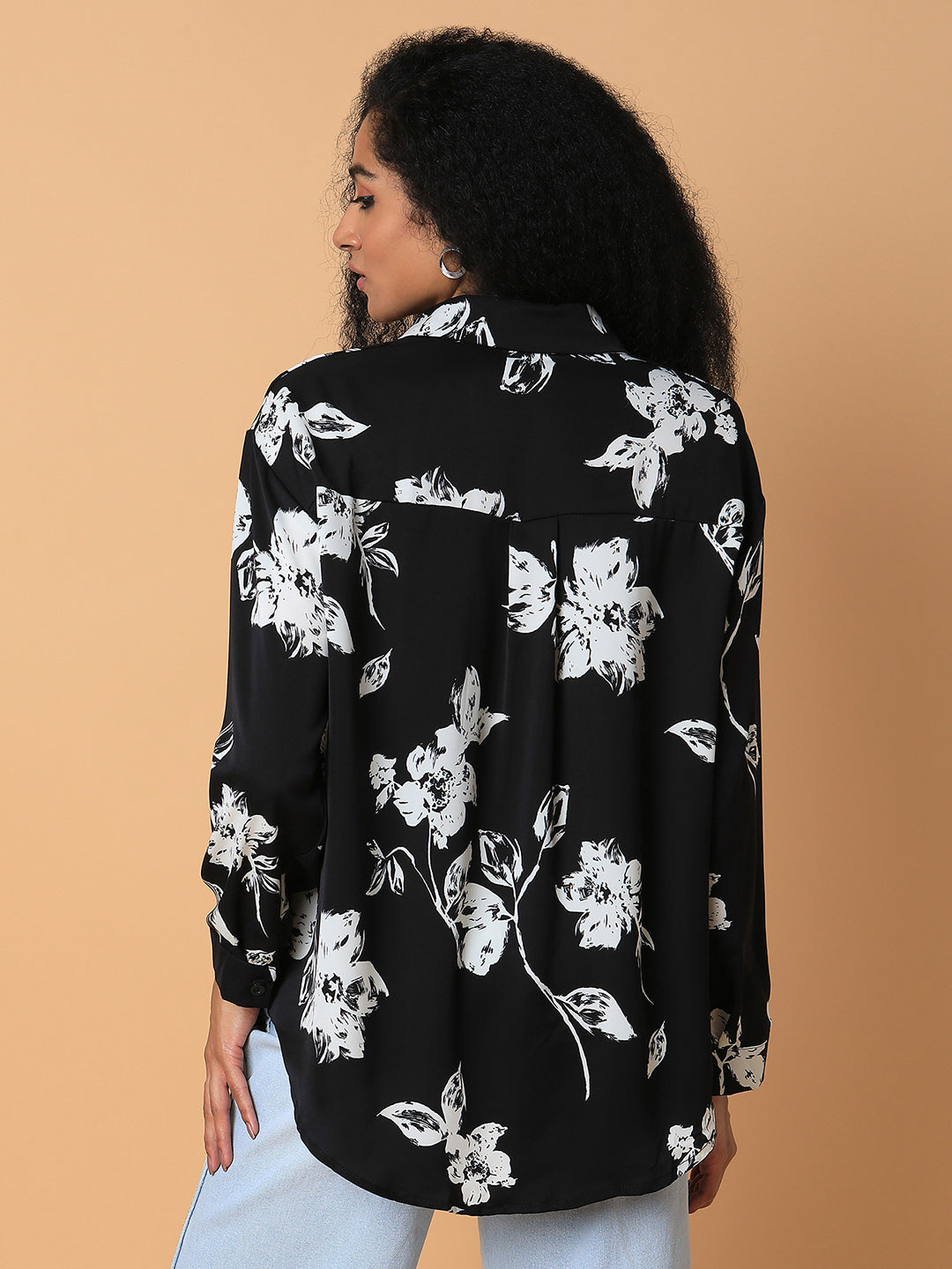 Women Floral Black Oversized Shirt