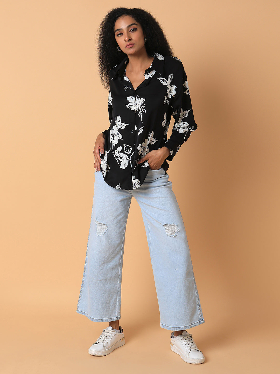 Women Floral Black Oversized Shirt