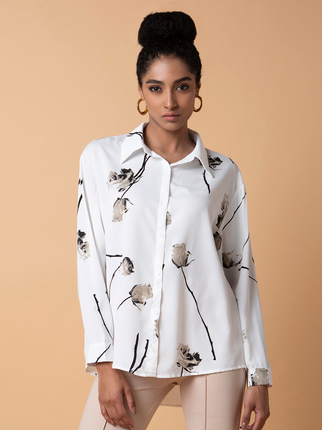 Women Floral White Oversized Shirt