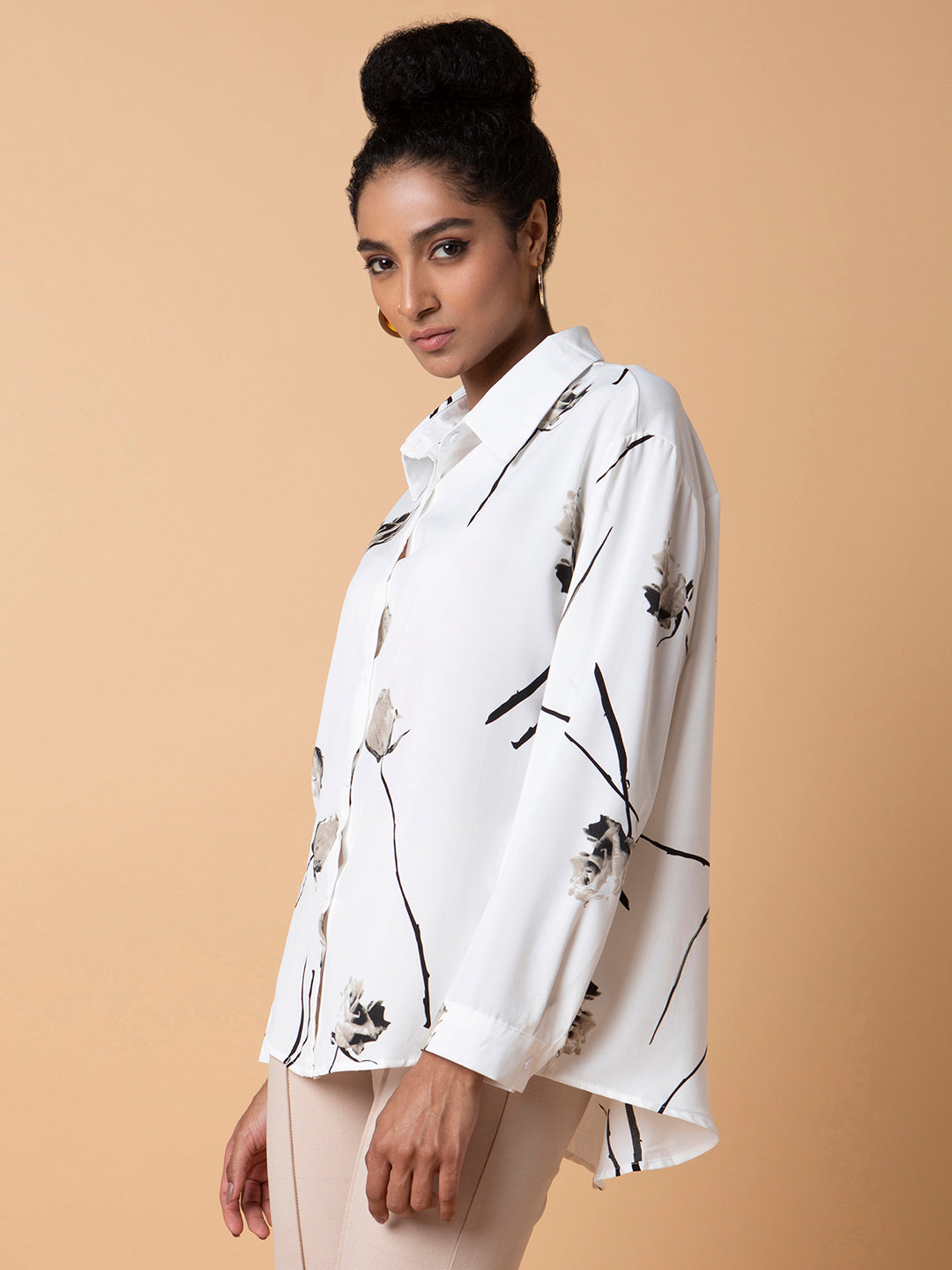 Women Floral White Oversized Shirt