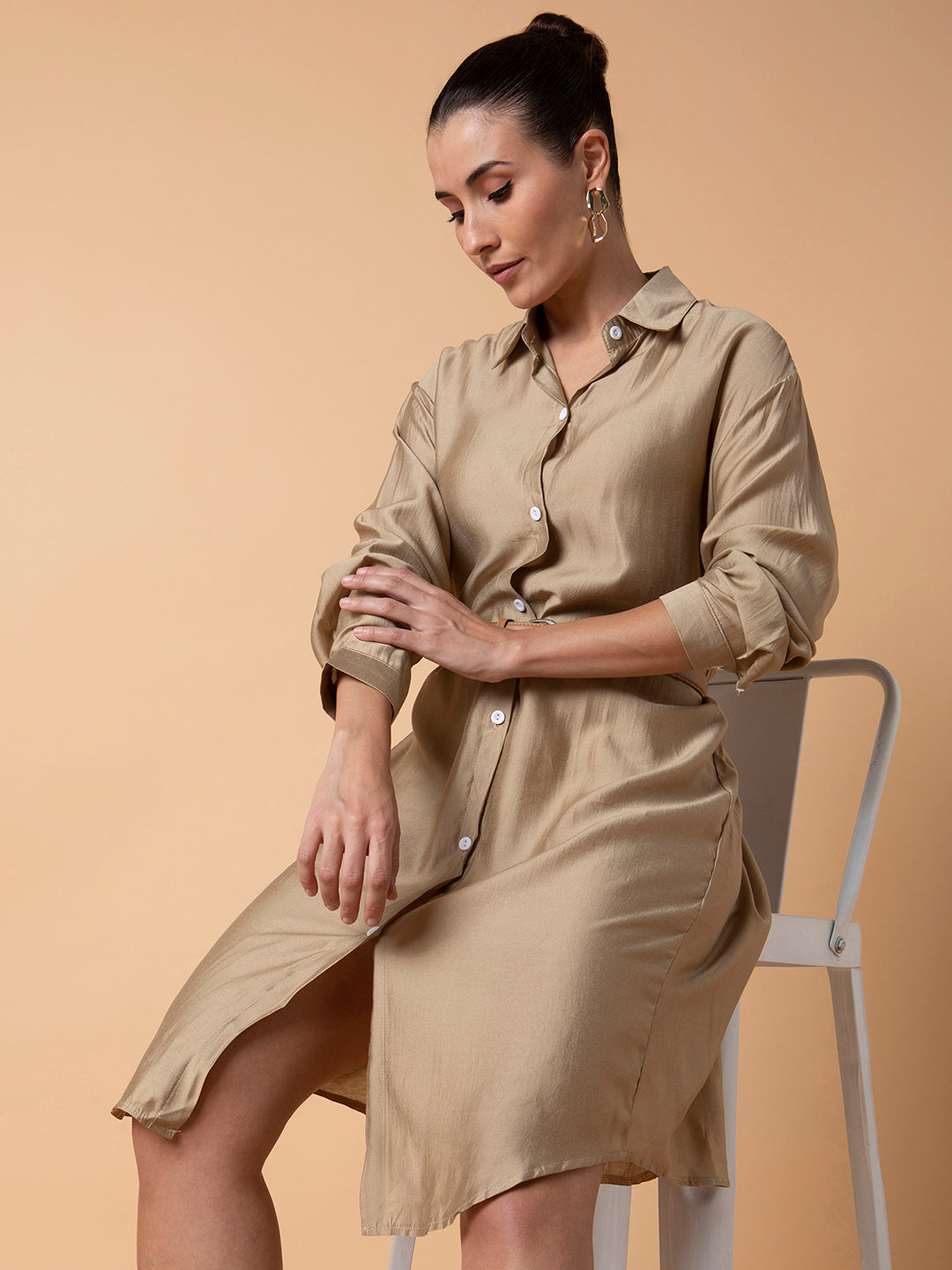 Women Solid Beige Midi Shirt Style Oversized Dress