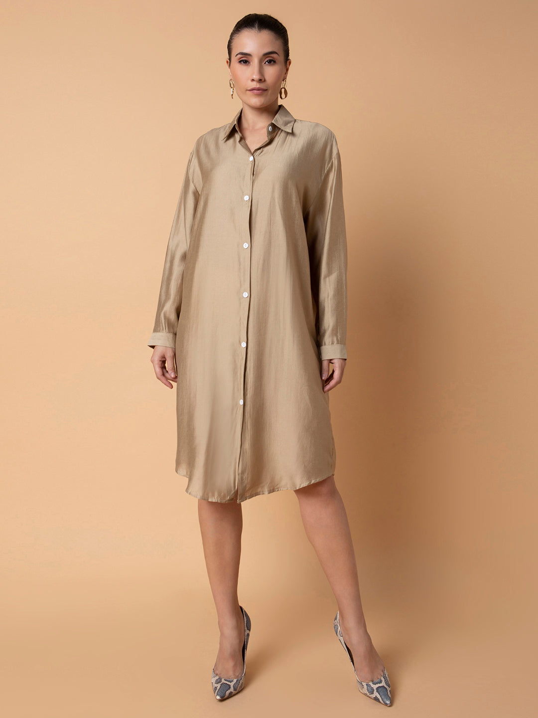 Women Solid Beige Midi Shirt Style Oversized Dress