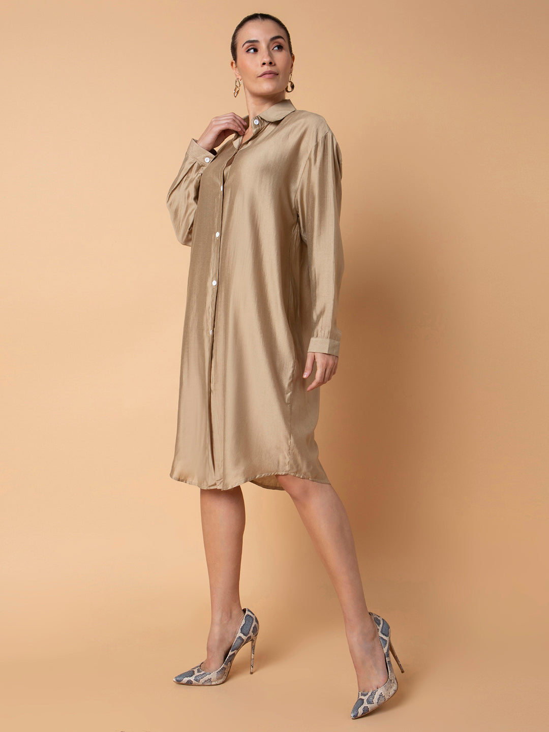 Women Solid Beige Midi Shirt Style Oversized Dress