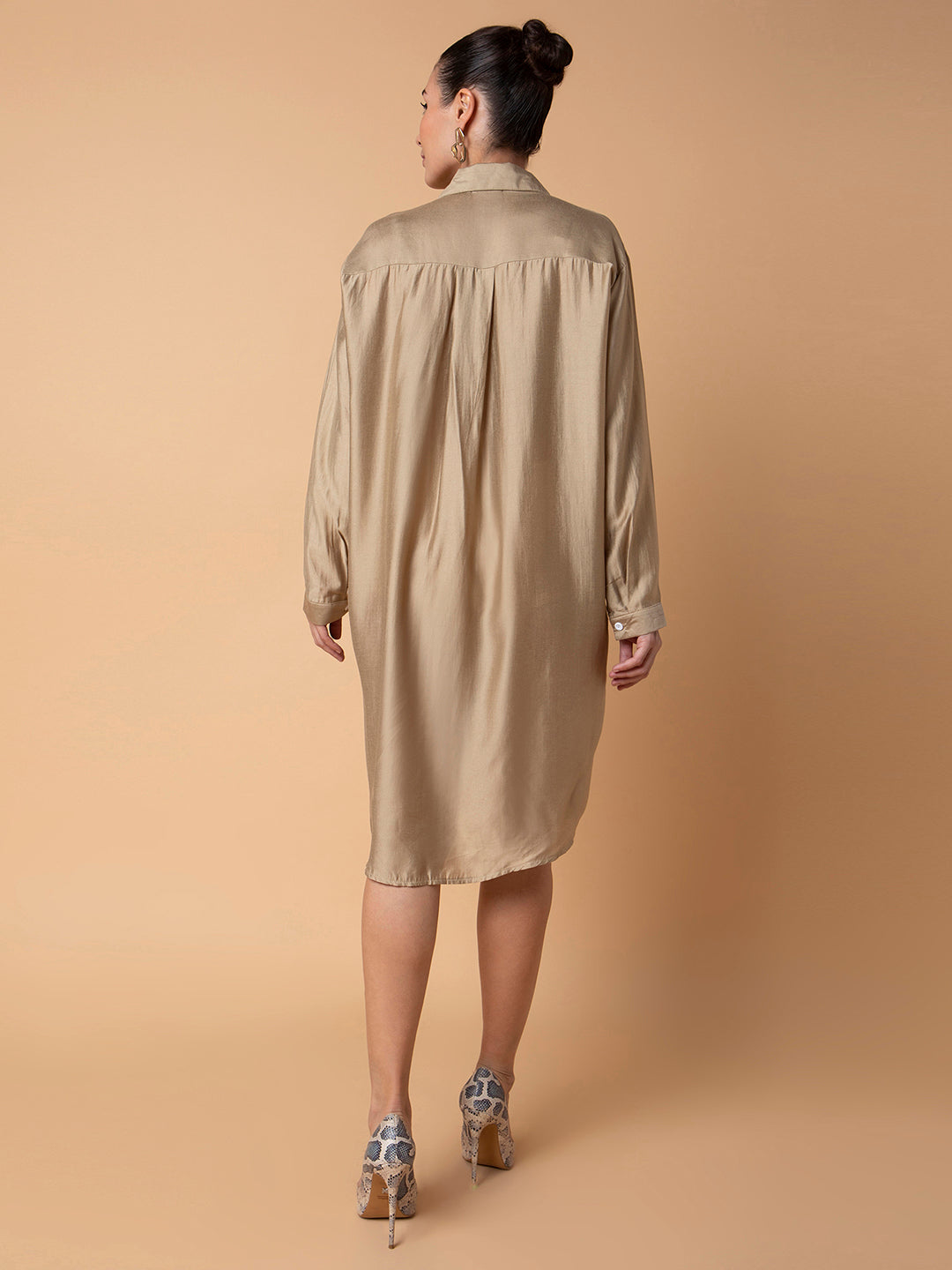 Women Solid Beige Midi Shirt Style Oversized Dress