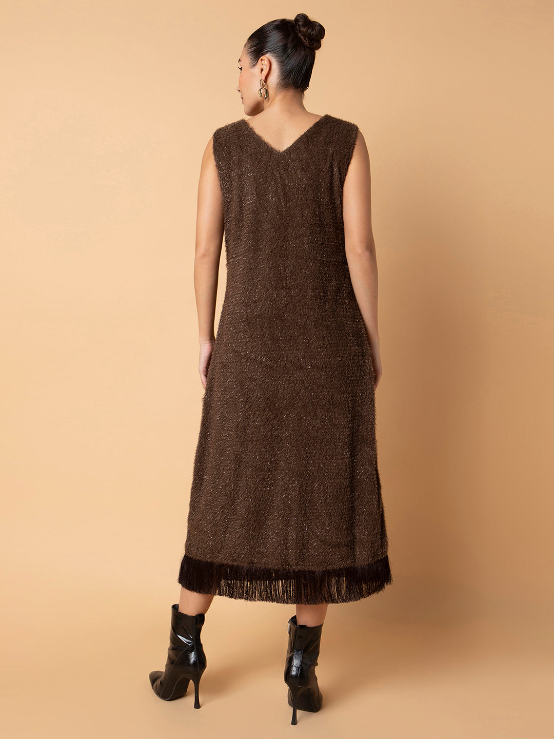 Women Solid Brown Maxi A-Line Dress