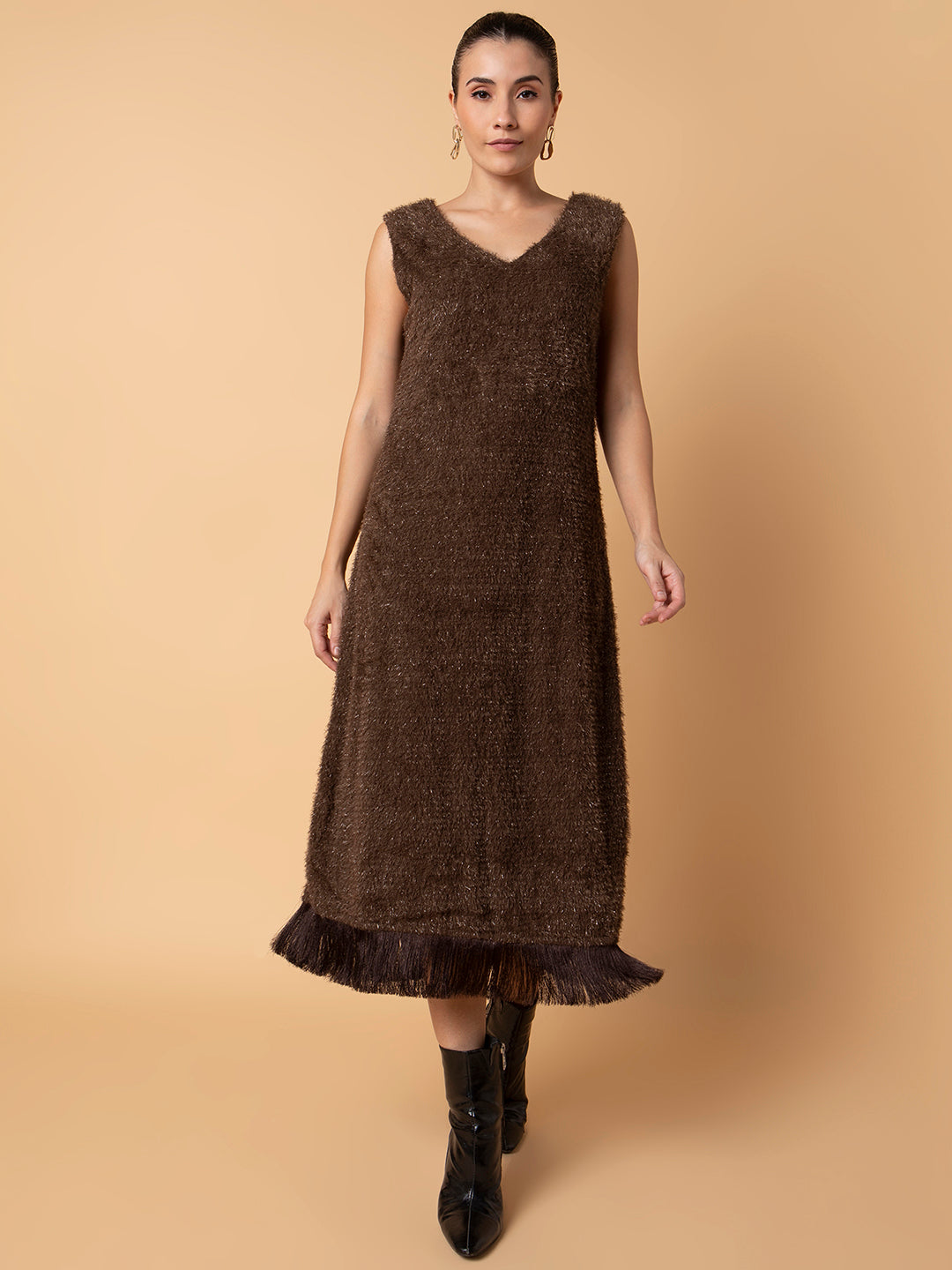 Women Solid Brown Maxi A-Line Dress