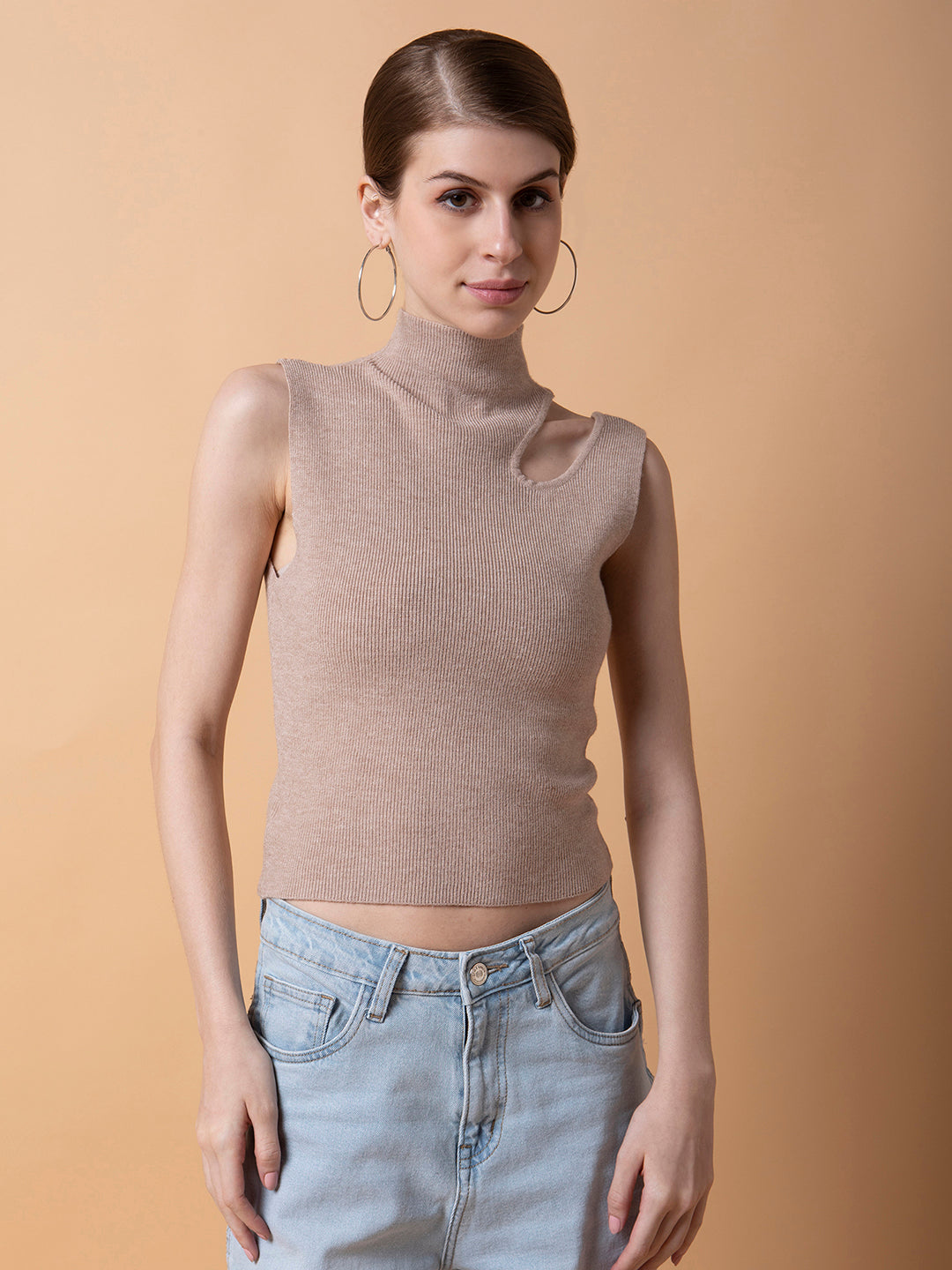 Women Solid Beige Fitted Crop Top