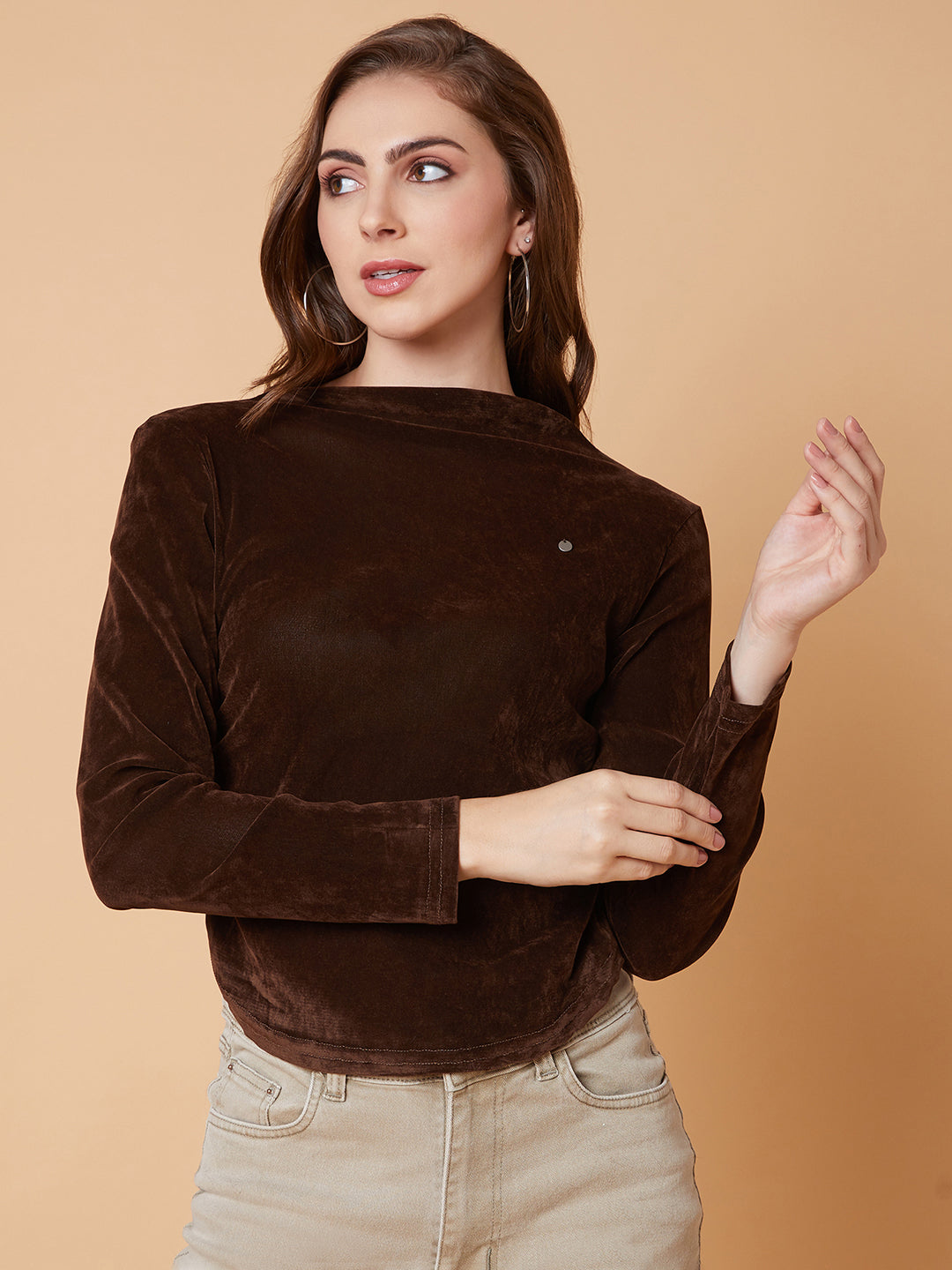 Women Solid Brown Ruched Top