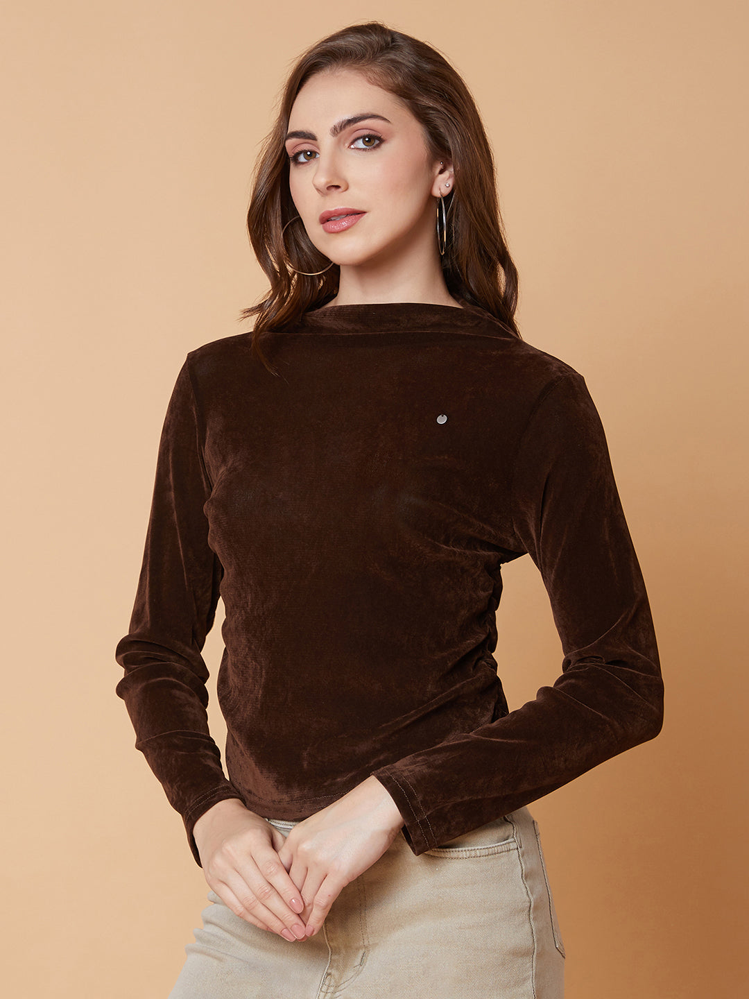 Women Solid Brown Ruched Top