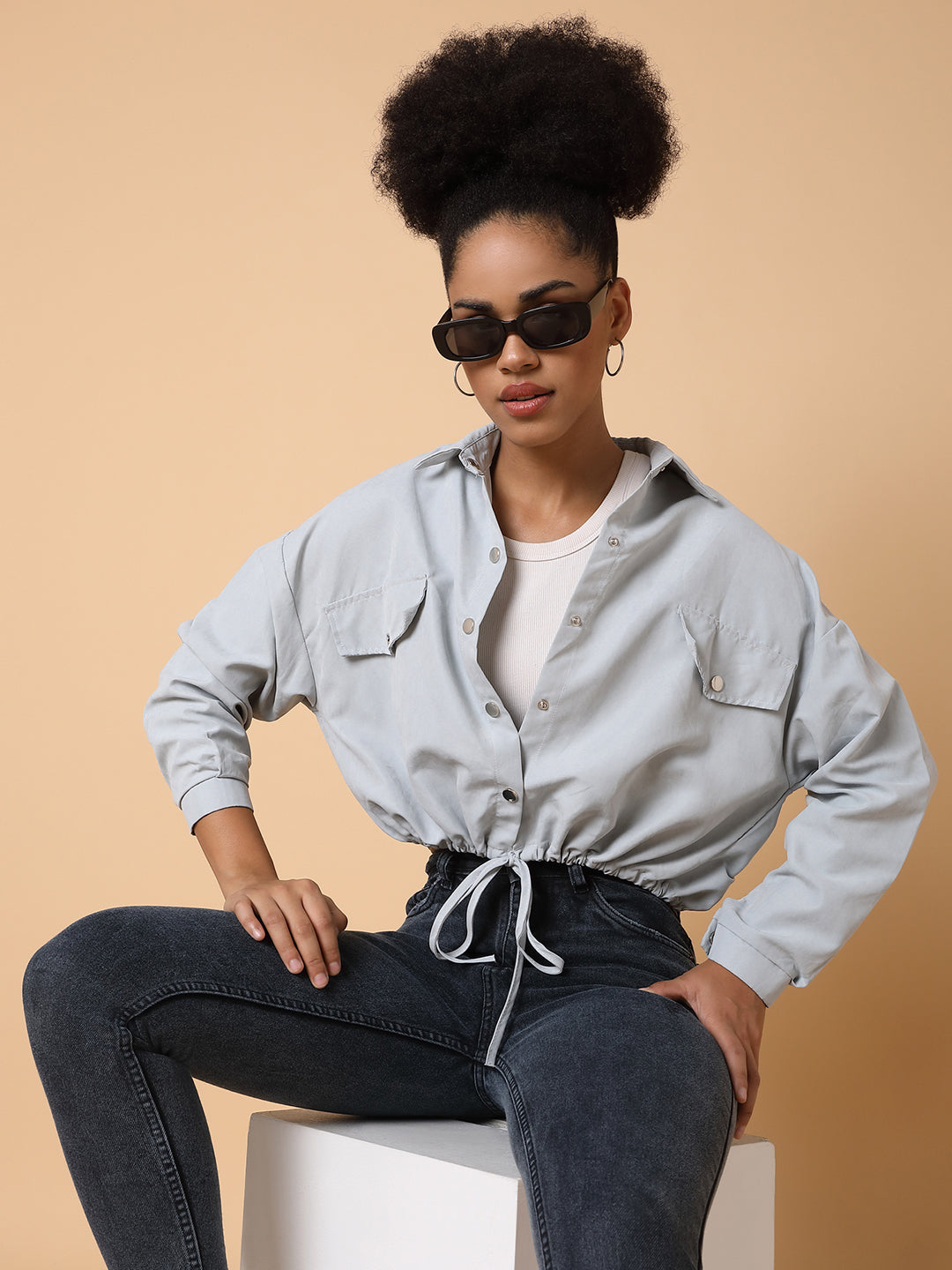 Women Grey Crop Shirt