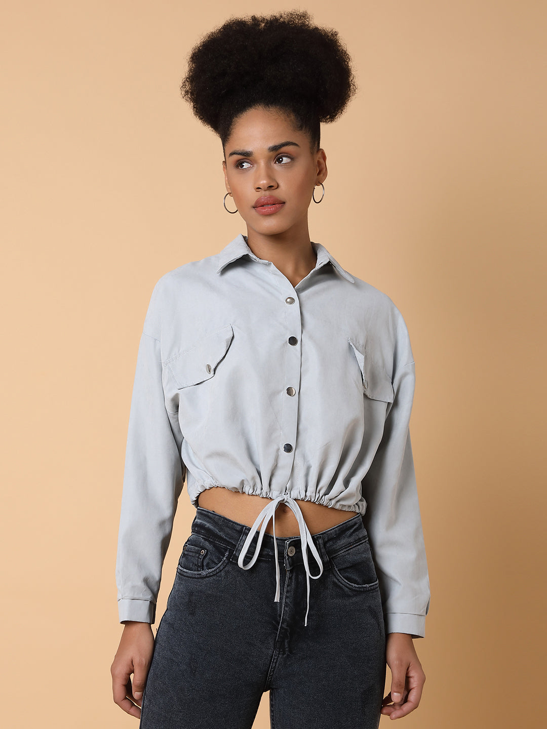 Women Grey Crop Shirt