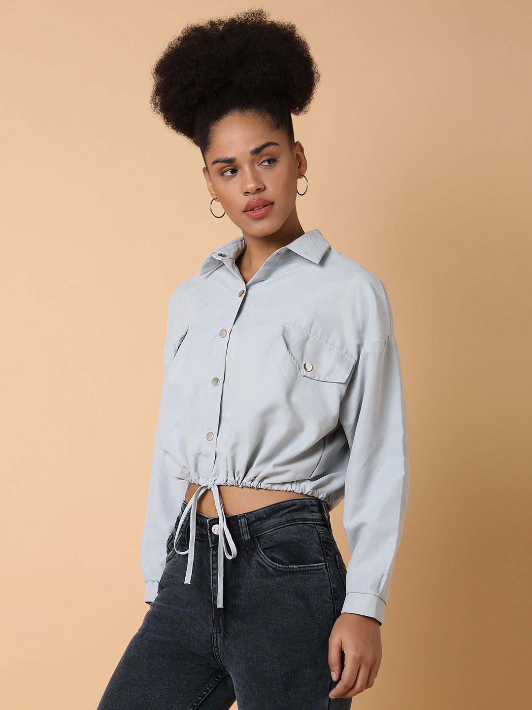 Women Grey Crop Shirt