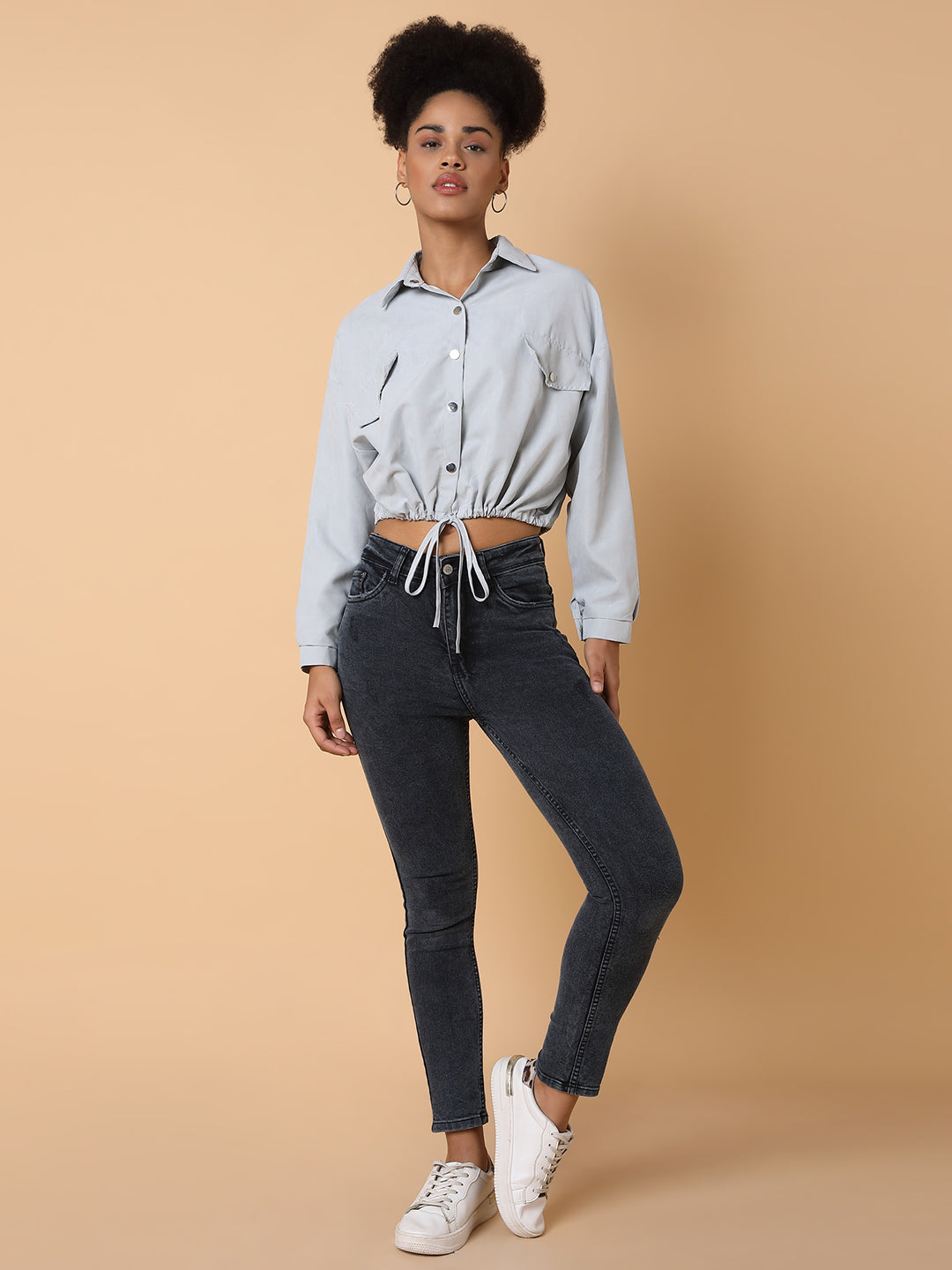 Women Grey Crop Shirt