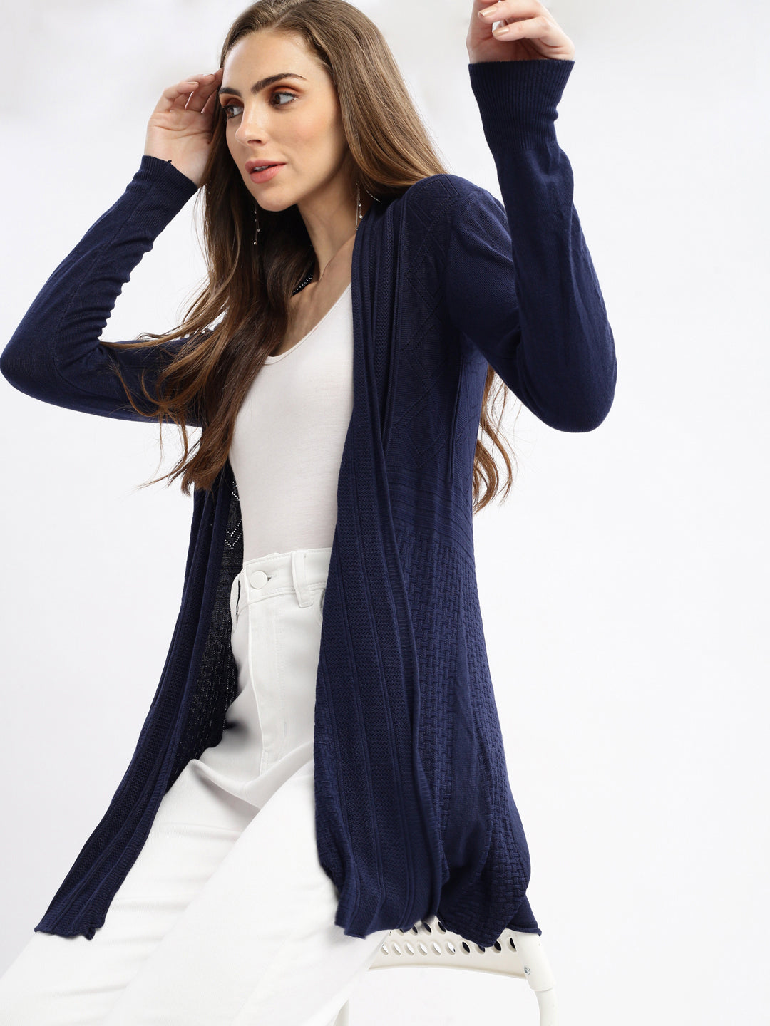 Women Navy Blue Self Design Open Front Longline Shrug