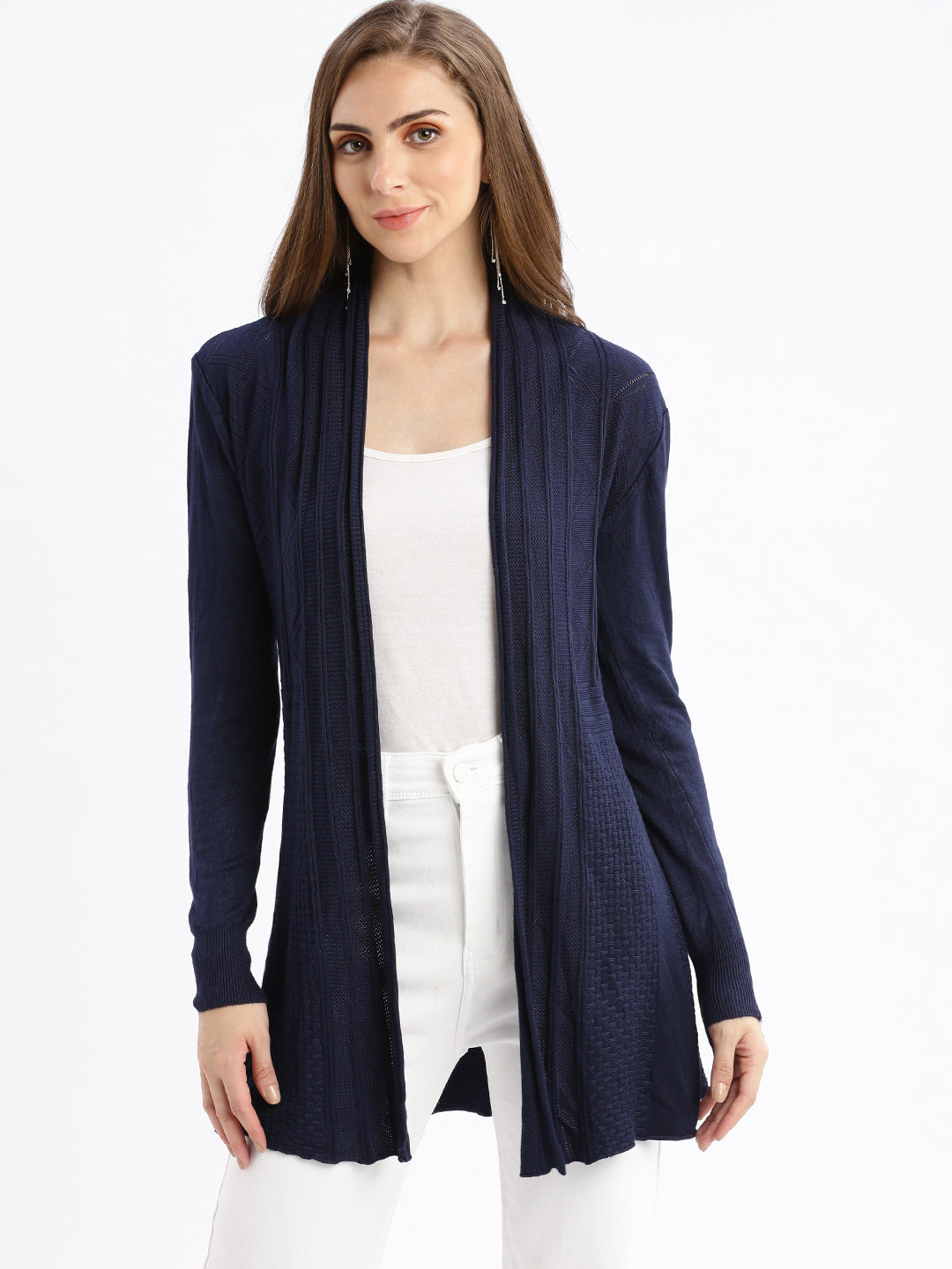 Women Navy Blue Self Design Open Front Longline Shrug