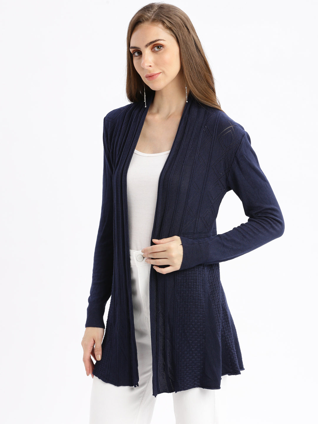 Women Navy Blue Self Design Open Front Longline Shrug