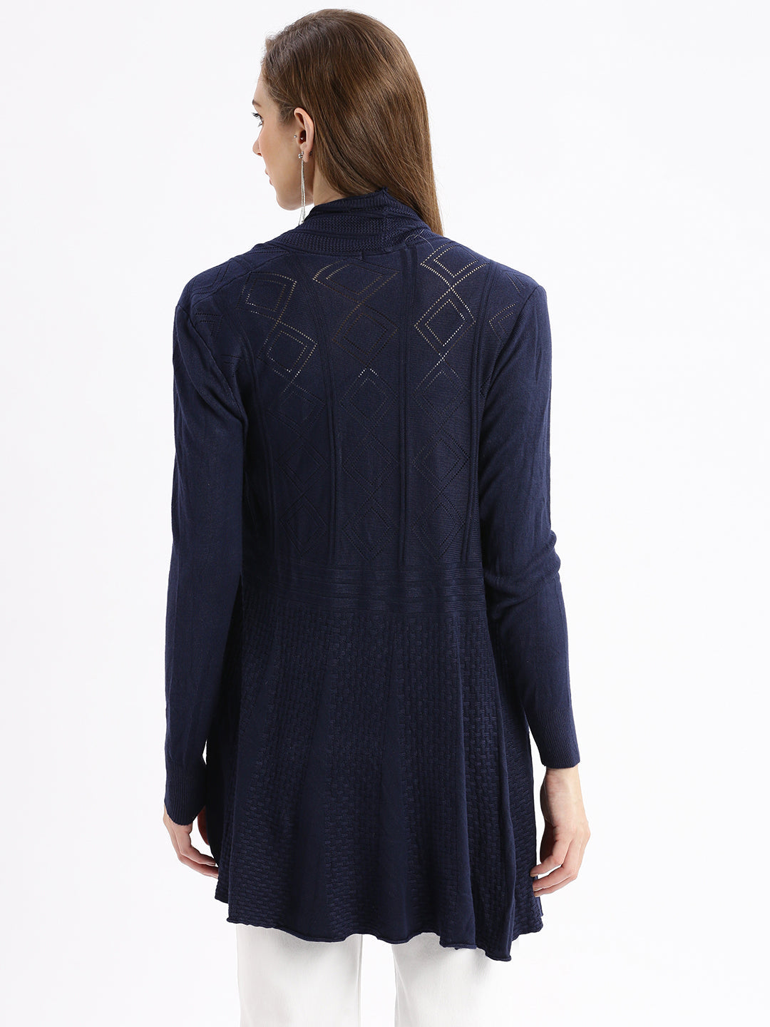 Women Navy Blue Self Design Open Front Longline Shrug