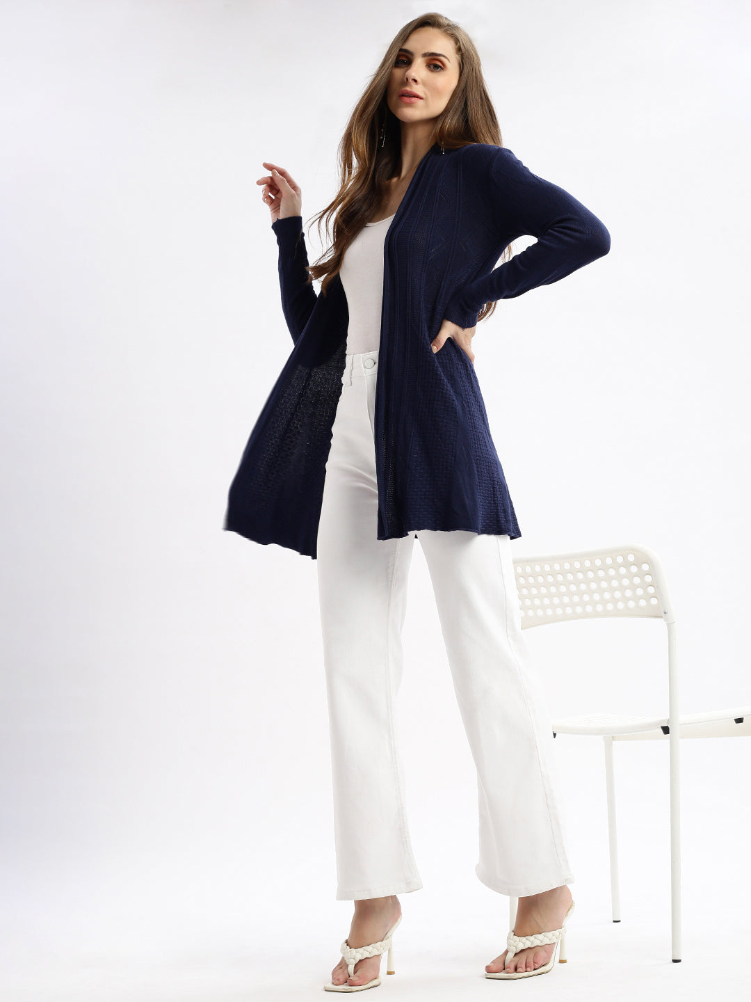 Women Navy Blue Self Design Open Front Longline Shrug