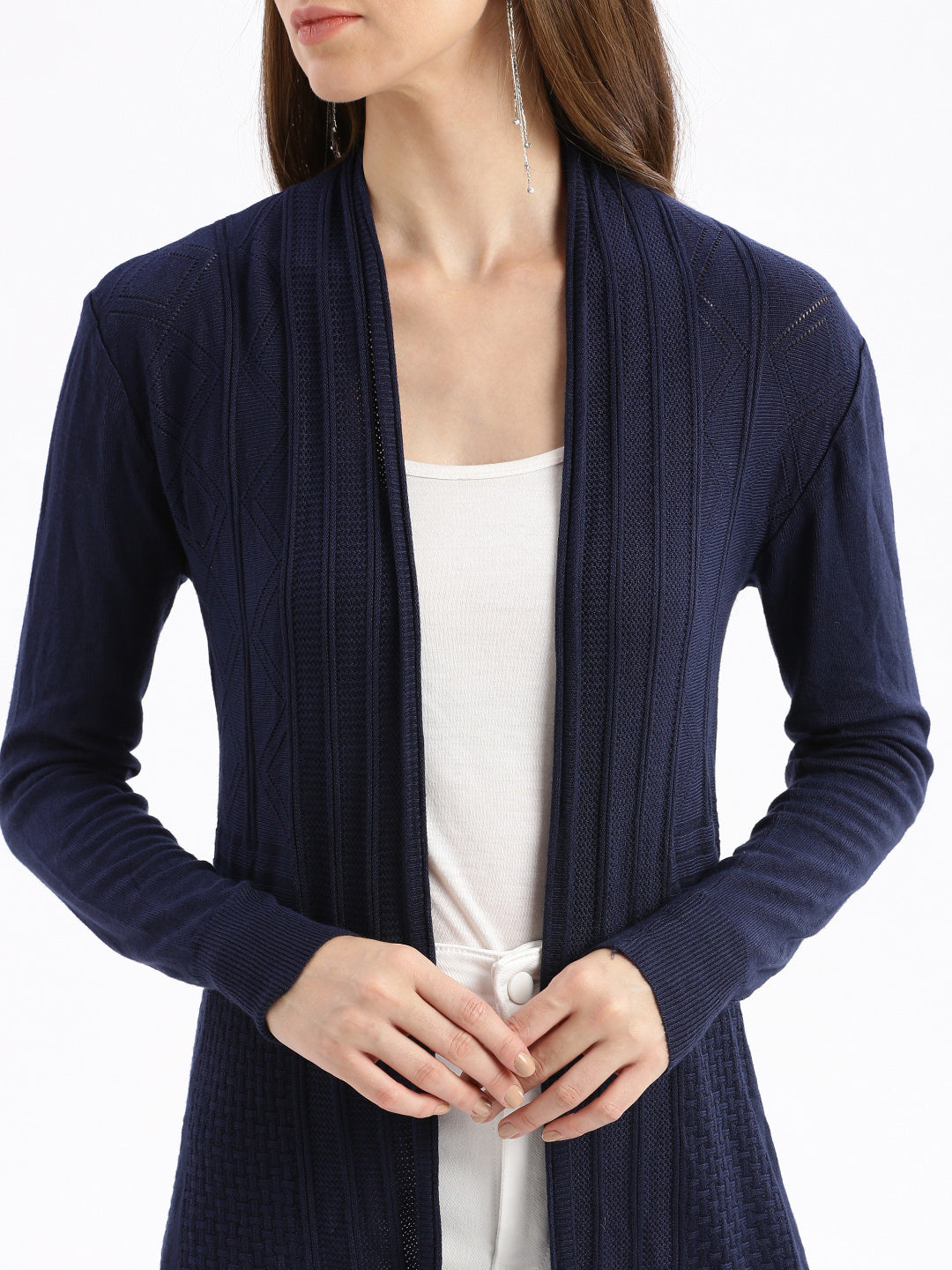 Women Navy Blue Self Design Open Front Longline Shrug