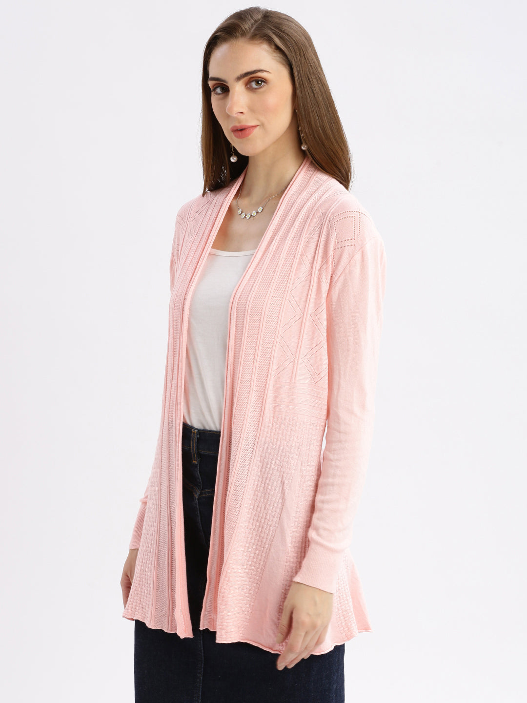 Women's Pink Self Design Open Front Longline Shrug