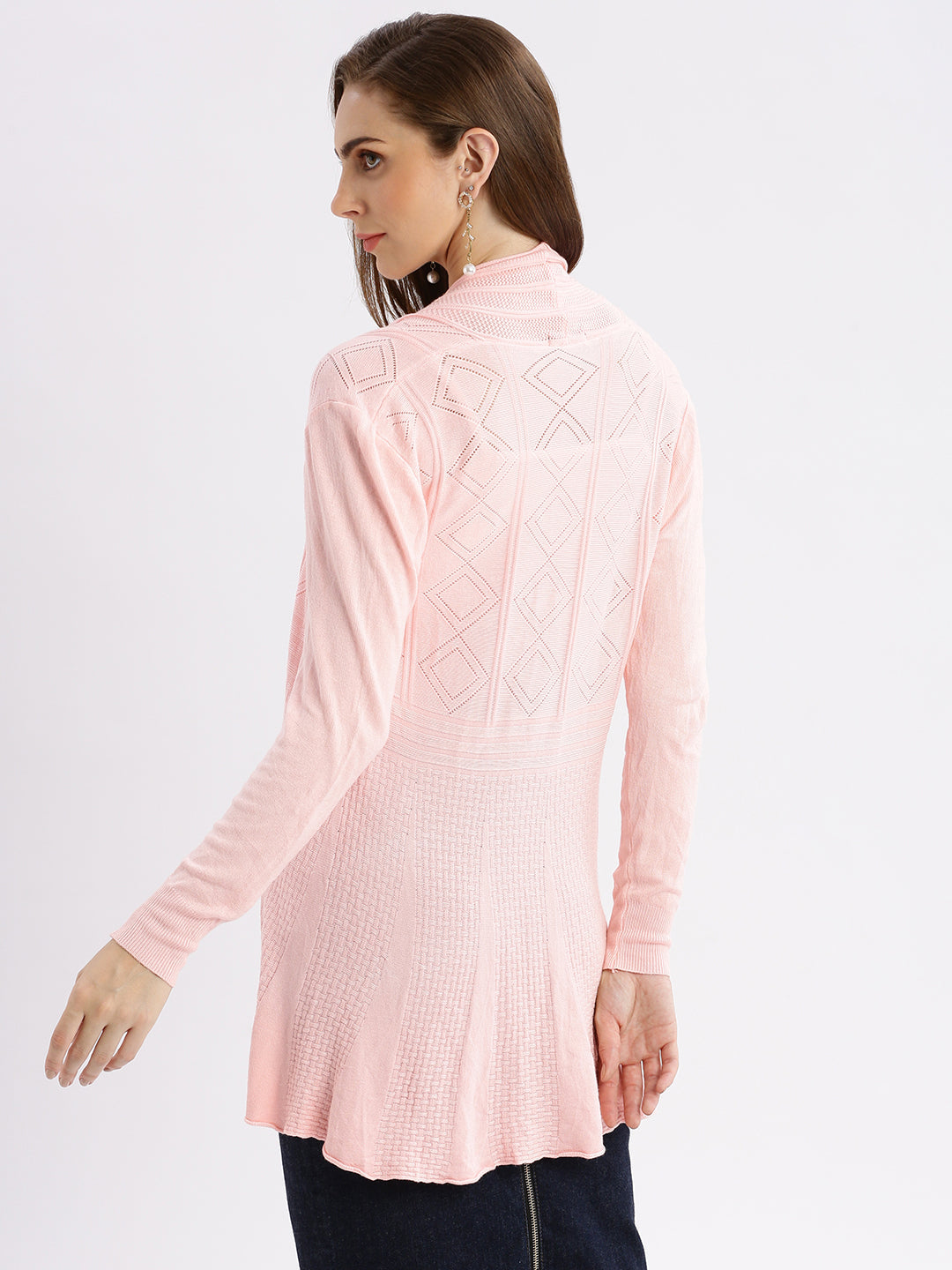 Women's Pink Self Design Open Front Longline Shrug