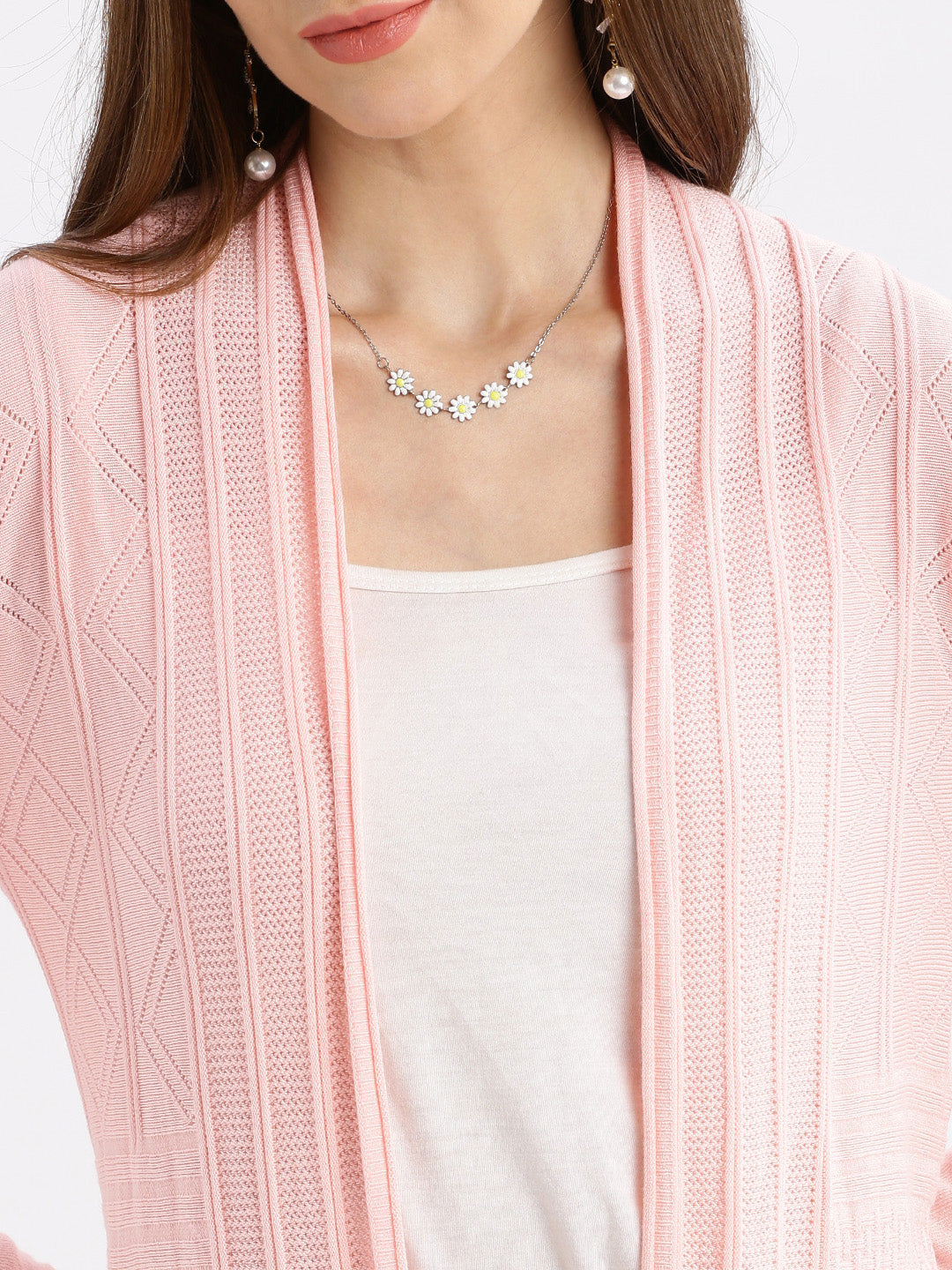 Women's Pink Self Design Open Front Longline Shrug