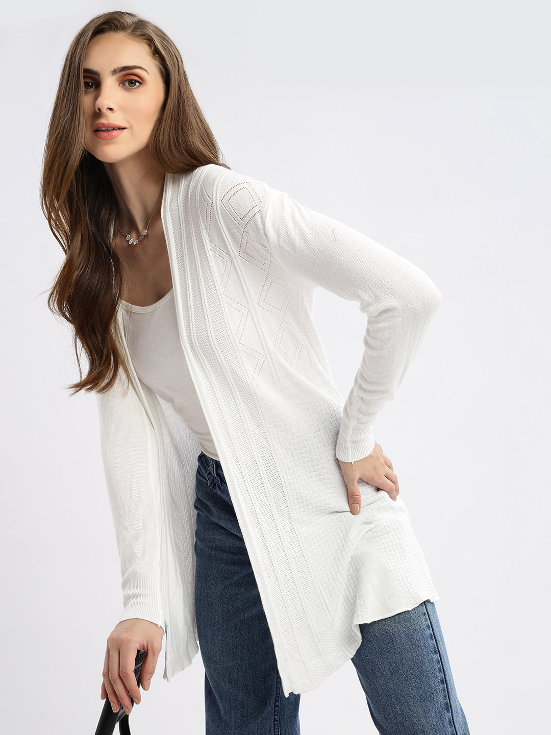 Women's White Self Design Open Front Longline Shrug