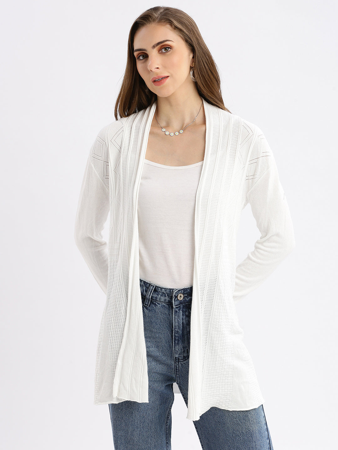 Women's White Self Design Open Front Longline Shrug