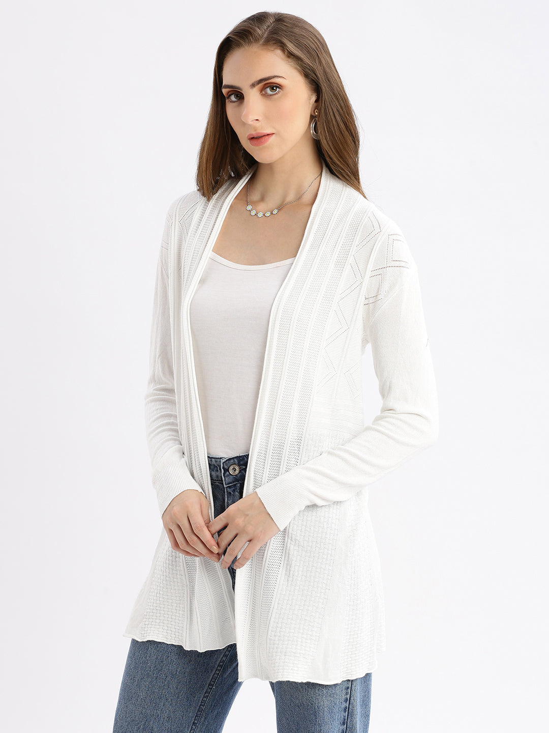 Women's White Self Design Open Front Longline Shrug
